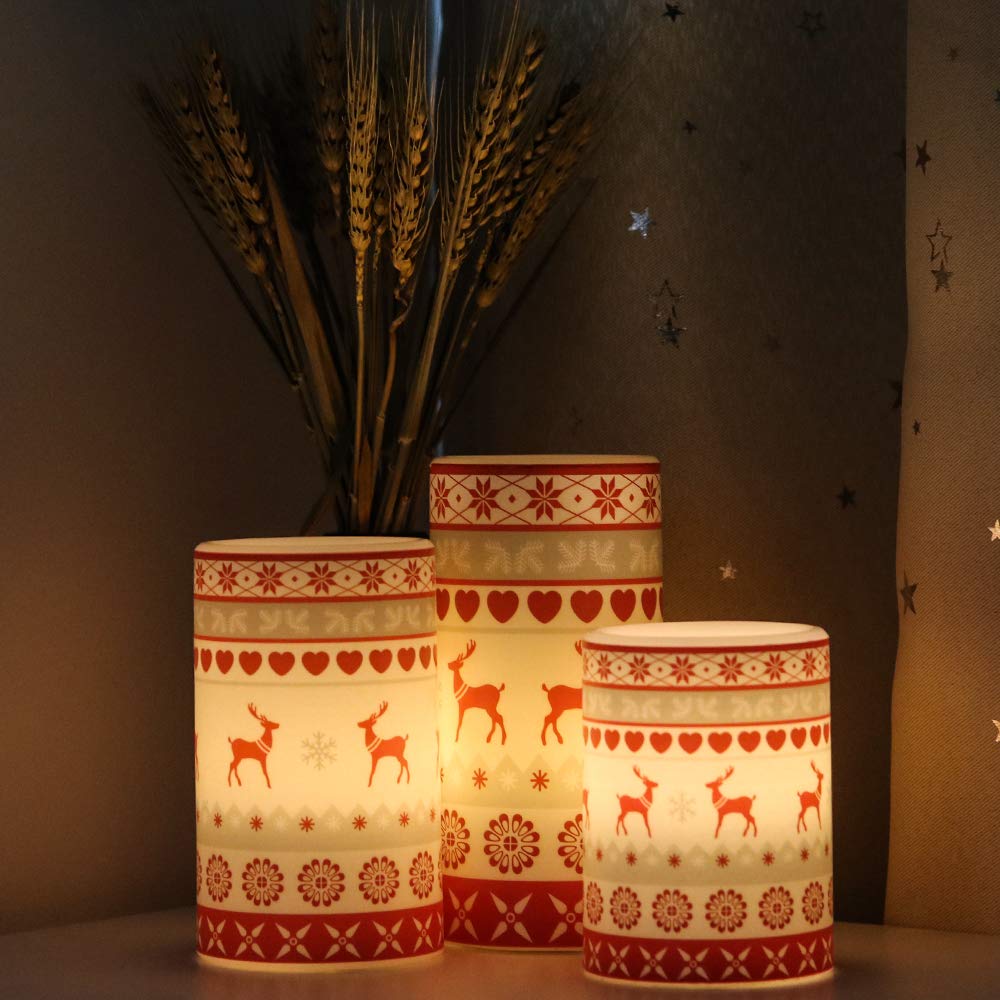 Genswin Flameless Flickering Led Candles Battery Operated With 6 Hours Timer, Real Wax Pillar Candles Warm Light Love Deer Decal