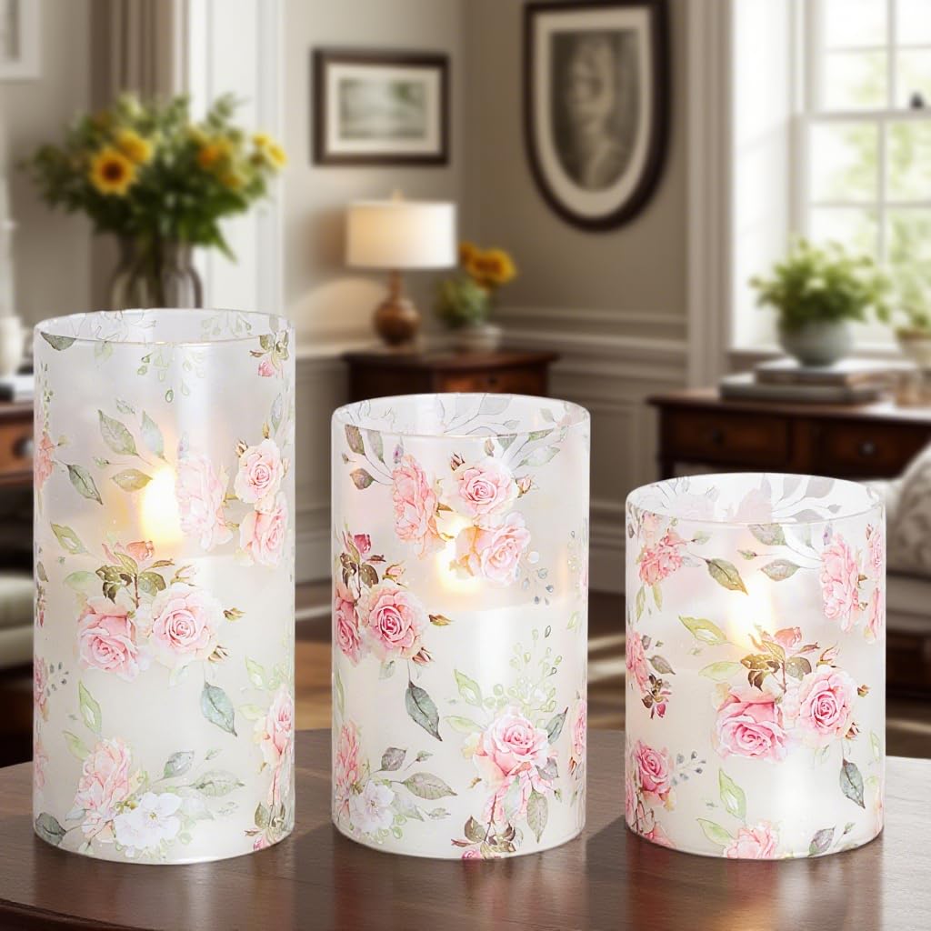 Meltone Rose Flameless Candles Love Theme Glass Pink Led Candles With Remote - Home Wedding Bedroom Botanical Room Christmas Dec