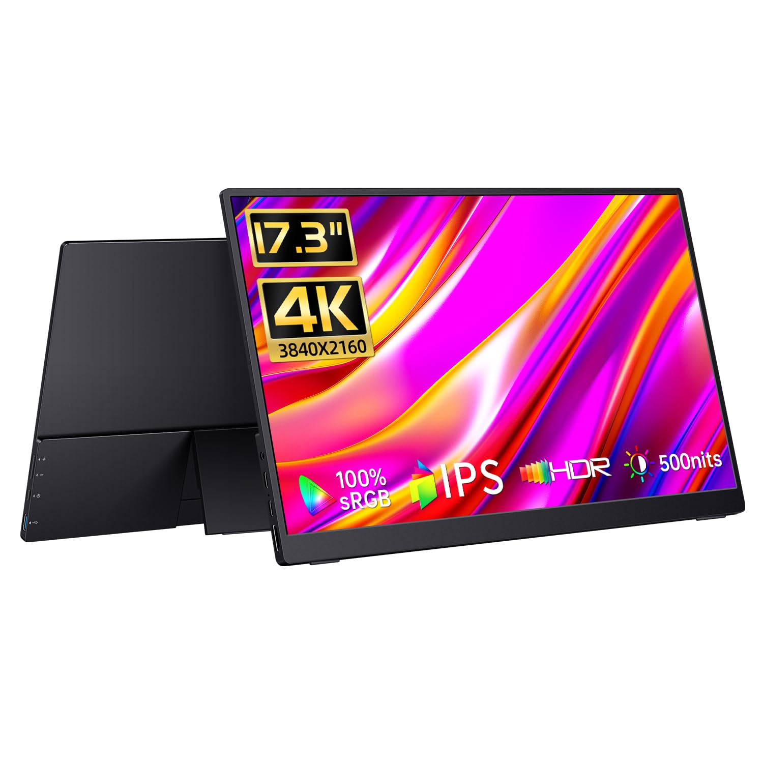 Caperave 17.3'' Portable Monitor 4K, 500 Nits 3840 * 2160P 100% Adobe Rgb Travel Monitor With Bulit In Kickstand & Speakers, Por