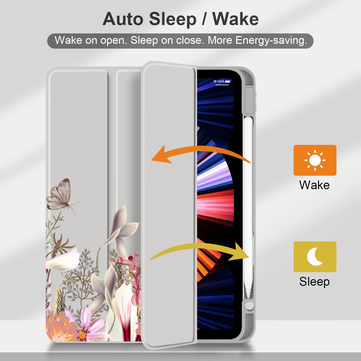 Batianda Hybrid Case For Ipad Pro 12.9 Inch 2022 M2 2021 5Th / Ipad Pro 12.9' 4Th/3Rd Gen [Built In Pencil Holder] Shockproof Cover With Clear Back Shell Tpu Bumper, Flowers