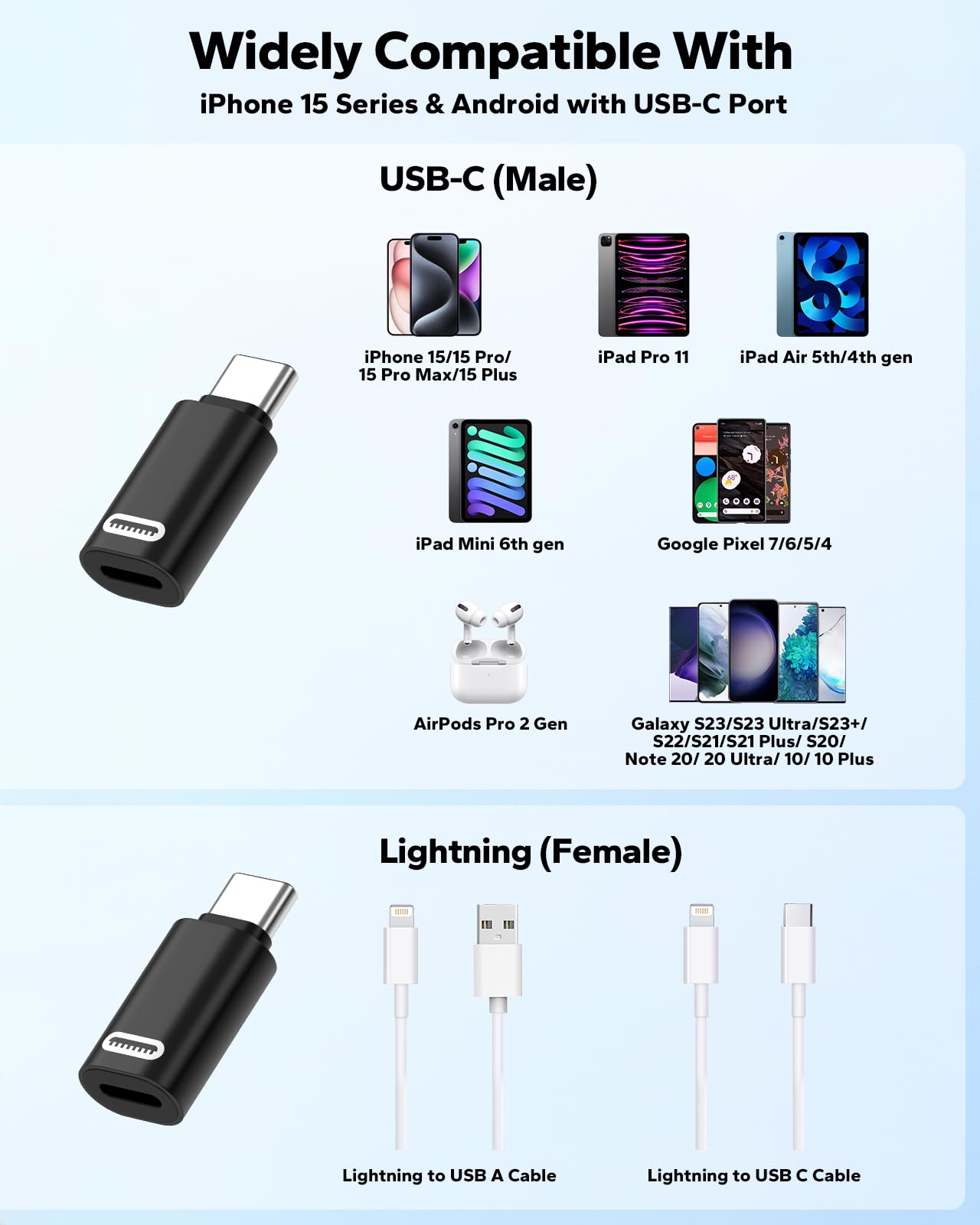 MoKo Lightning Female to USB C Male Adapter, 2Pack USB C to Lightning Adapter for iPhone 15/16 Pro/16 Pro Max/Plus,Galaxy S24, iPad Pro/Air,for Fast Charging/Data Transfer, Not for Audio/OTG, Black PD