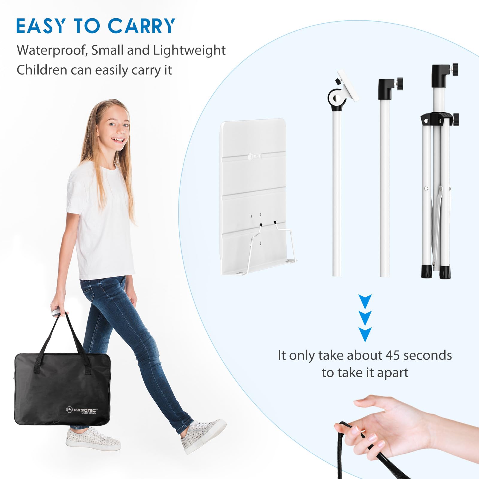 K Kasonic   Dual Use Folding Sheet Music Stand & Desktop Book Stand With Portable Carrying Bag, Sheet Music Folder & Clip Holder
