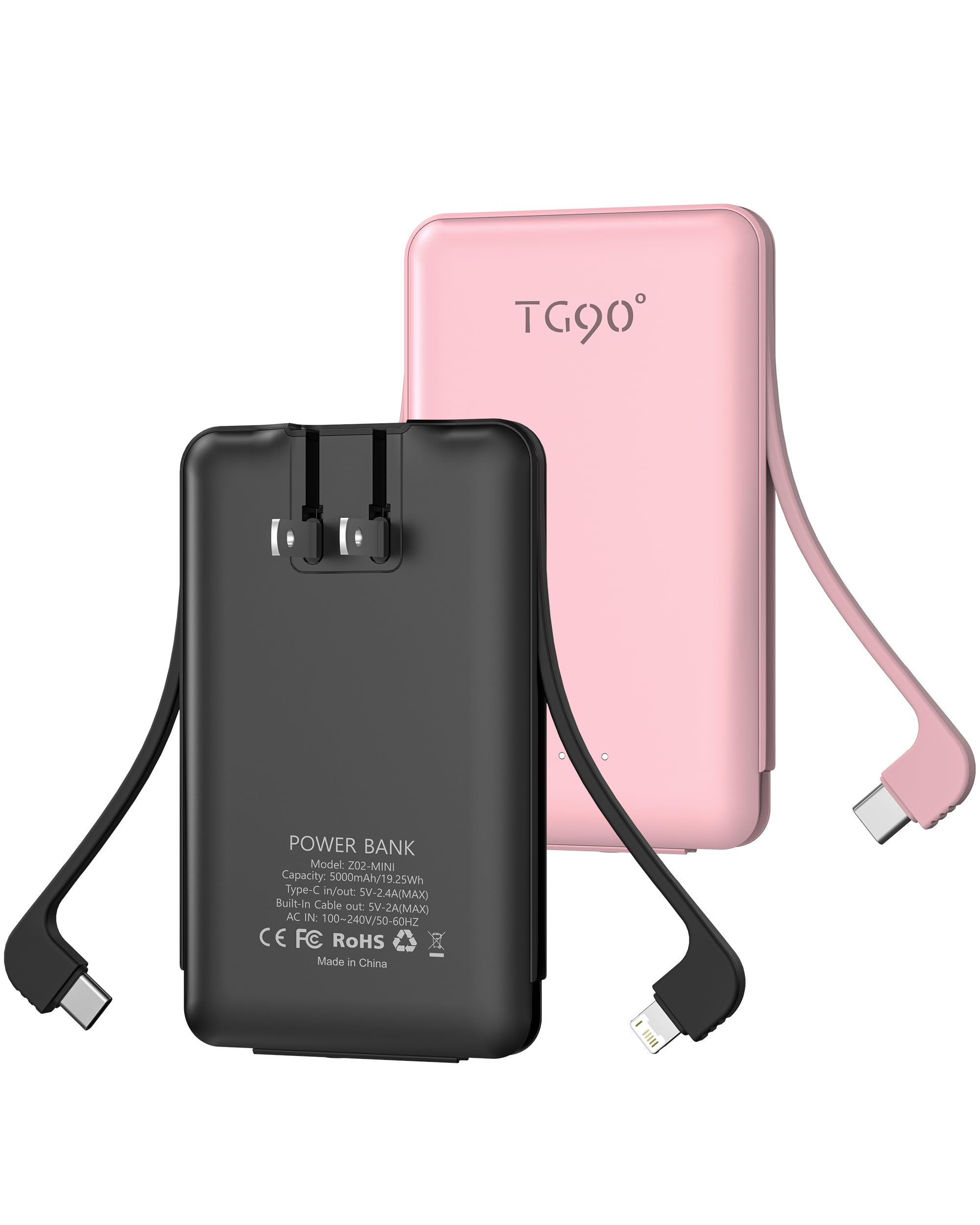 Tg90 2 Pack Portable Charger Power Bank, 5000Mah External Battery Pack With Built In Foldable Ac Wall Plug And Cables, Small Usb