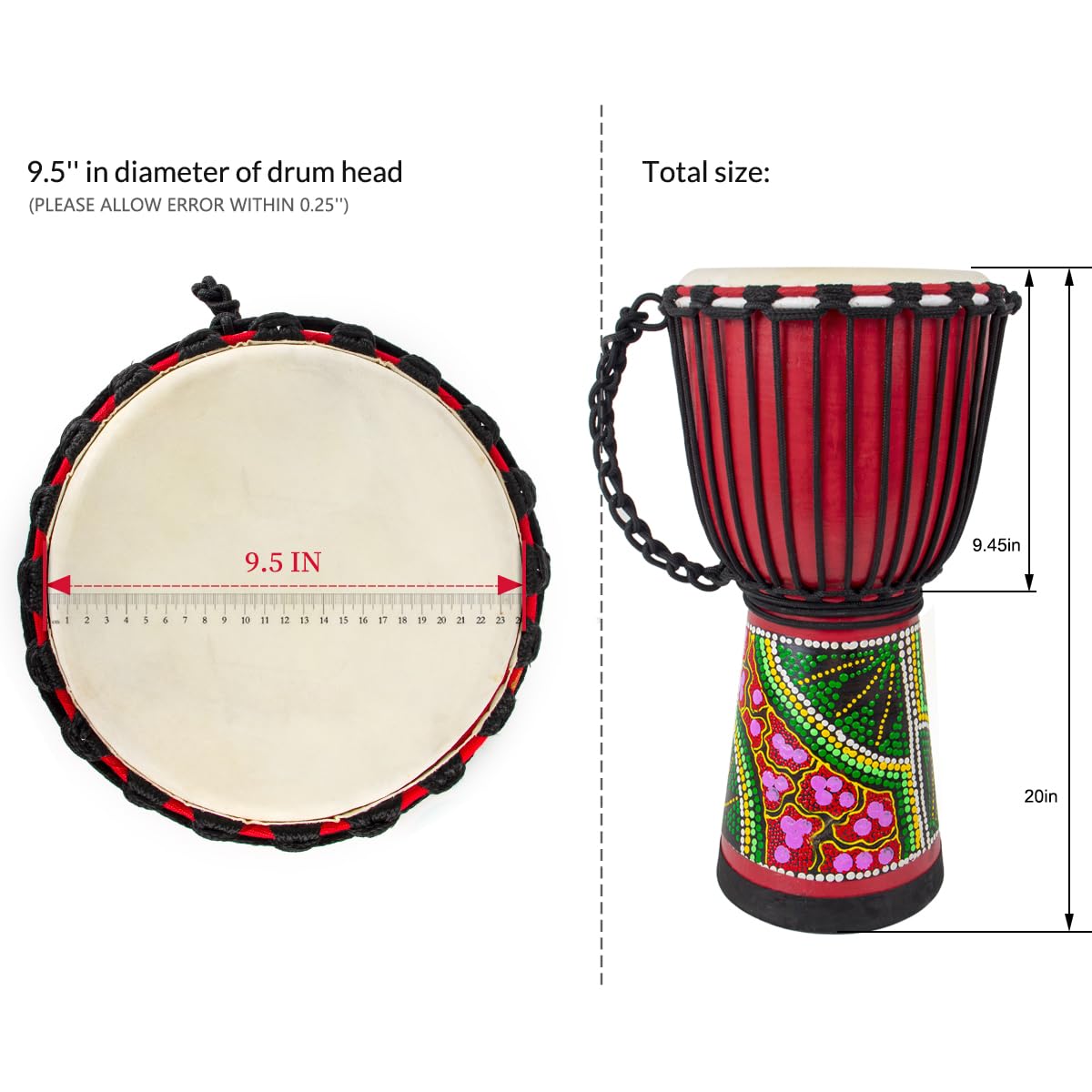 Djembes Drum Aklot African Drum Hand-Painted 9.5 X 20 Mahogany Goatskin Drumhead For Adults Starter Beginners