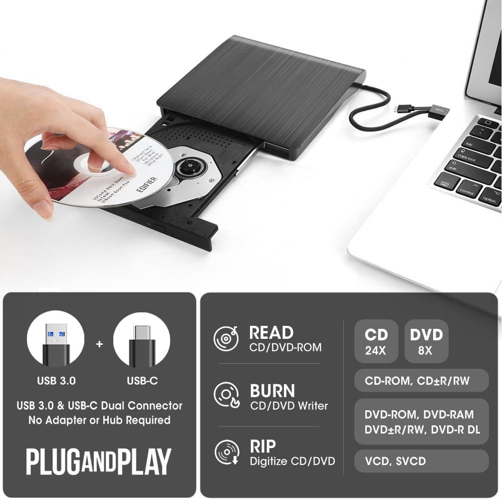 Roofull External Cd Dvd +/ Rw Drive Usb 3.0 & Usb C Cd Burner Dvd Player Reader Writer Optical Disc Drive With Carrying Case For