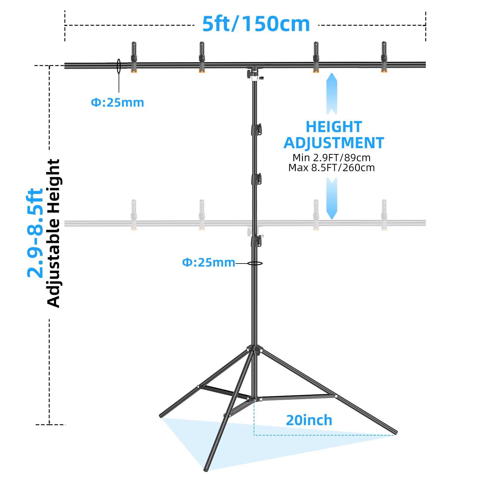 Emart 8.5 X 5Ft T Shape Portable Backdrop Stand, Background Support Stand Kit Adjustable Photo Backdrop Stand With 4 Spring Clam
