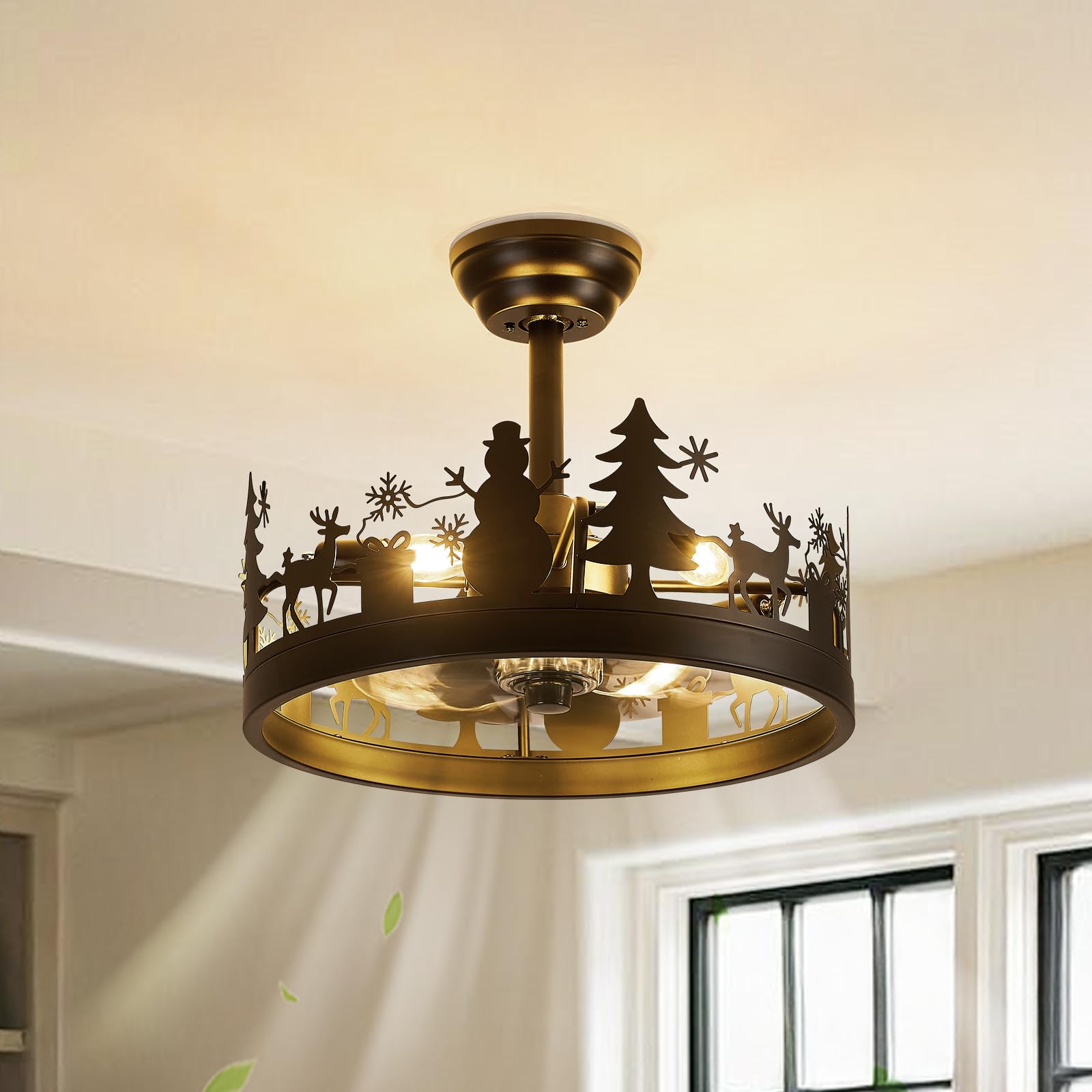 SAYTOP Farmhouse Rustic Ceiling Fan with Light, Black Caged Ceiling Fan with Deer and Snowman Design, Vintage Chandelier Ceiling