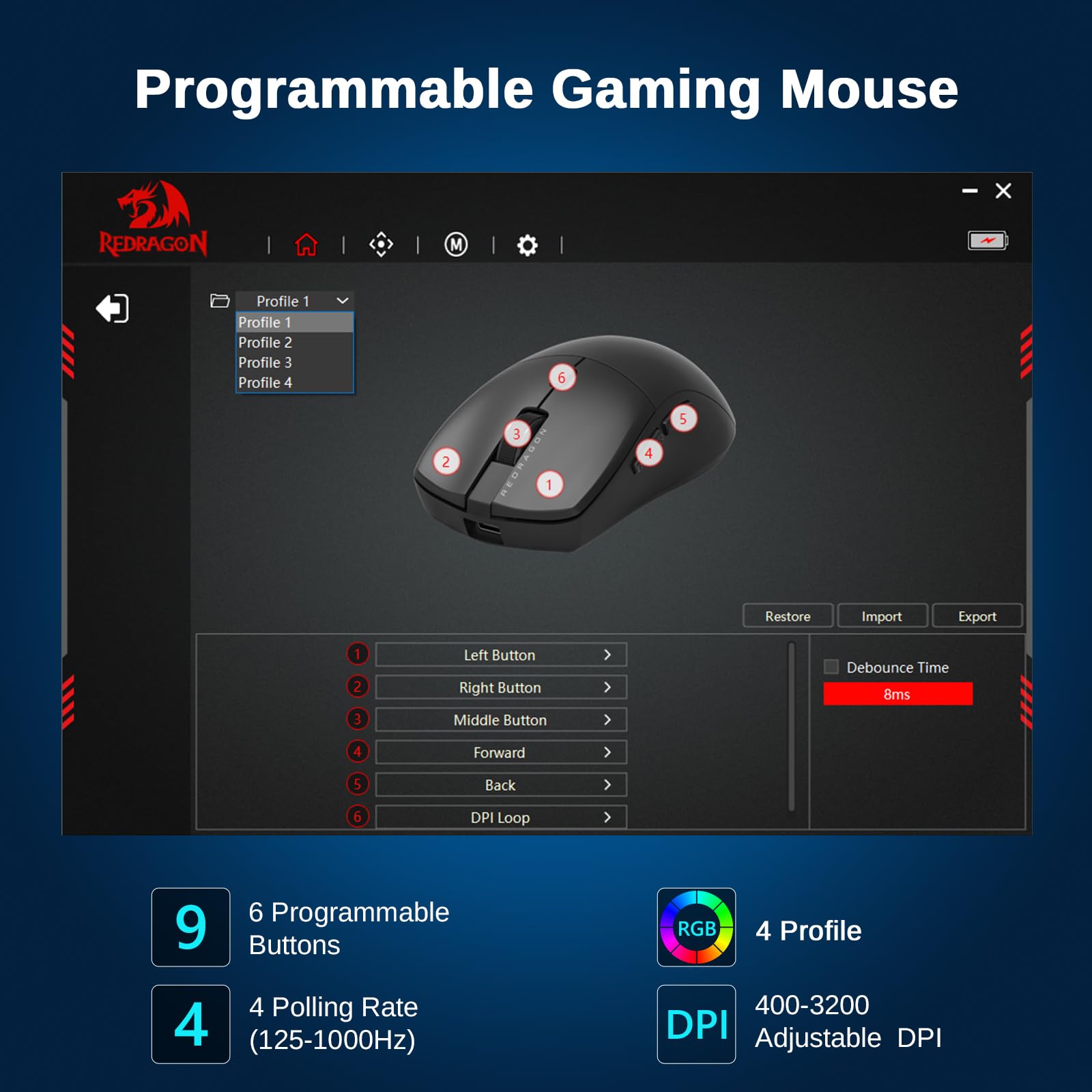 Redragon Wireless Gaming Mouse, 3 Modes Lightweight Wireless Mouse, Full Programmable Buttons, 12000 Dpi Software Supports Diy K