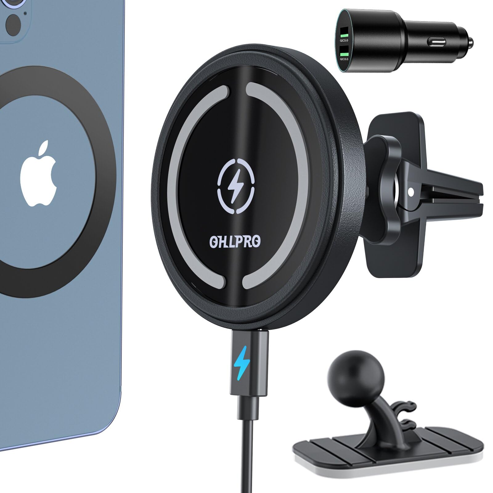 Ohlpro Magsafe Car Mount Charger, 15W Qc 3.0 Fast Charging For Iphone 16 Promax, Pro, Plus, 15, 14, 13, 12 Series, Stick On Car 