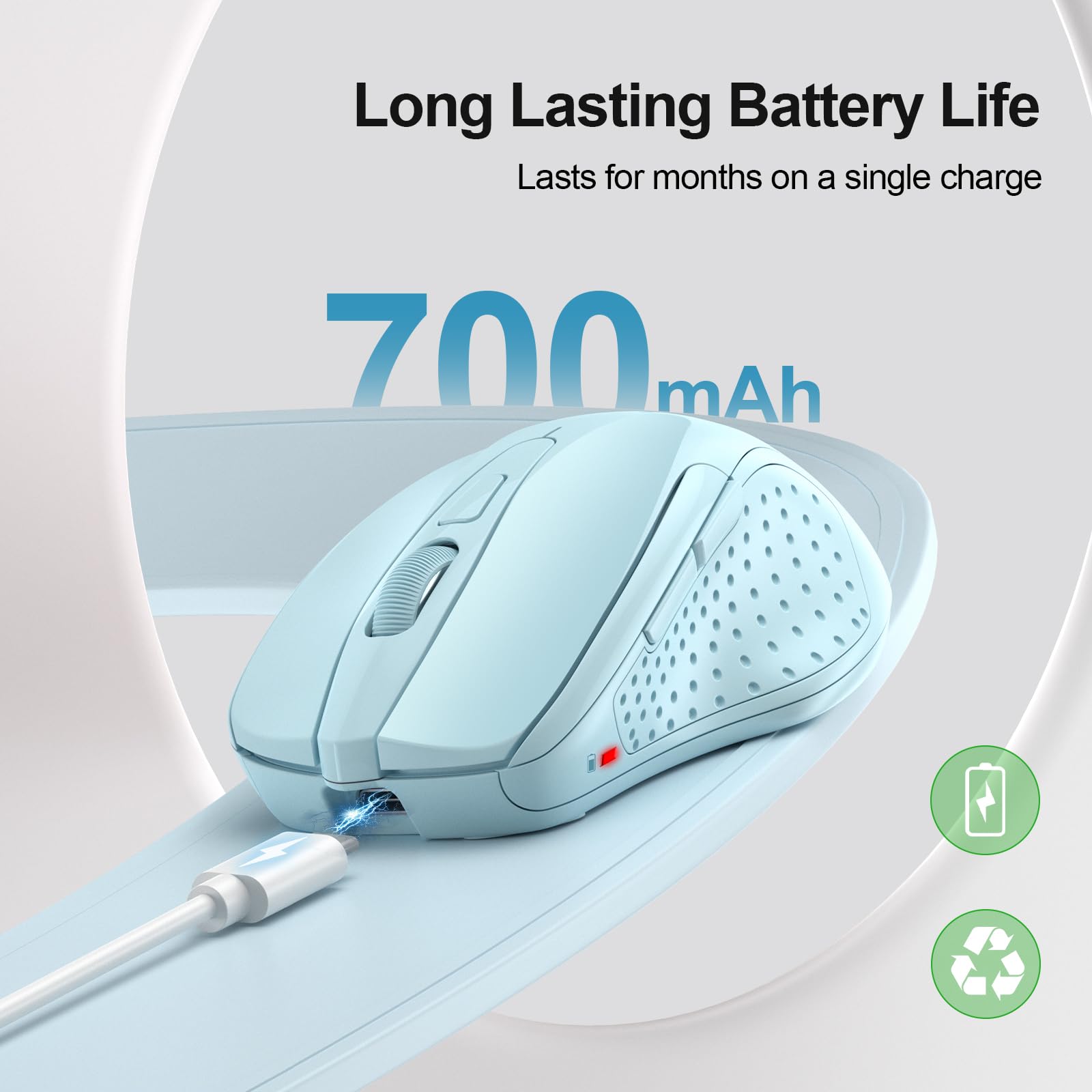 Tecknet Wireless Mouse (Bt5.0/3.0 & 2.4G) Rechargeable 4800 Dpi Silent 6 Button Bluetooth Mouse   Lightblue