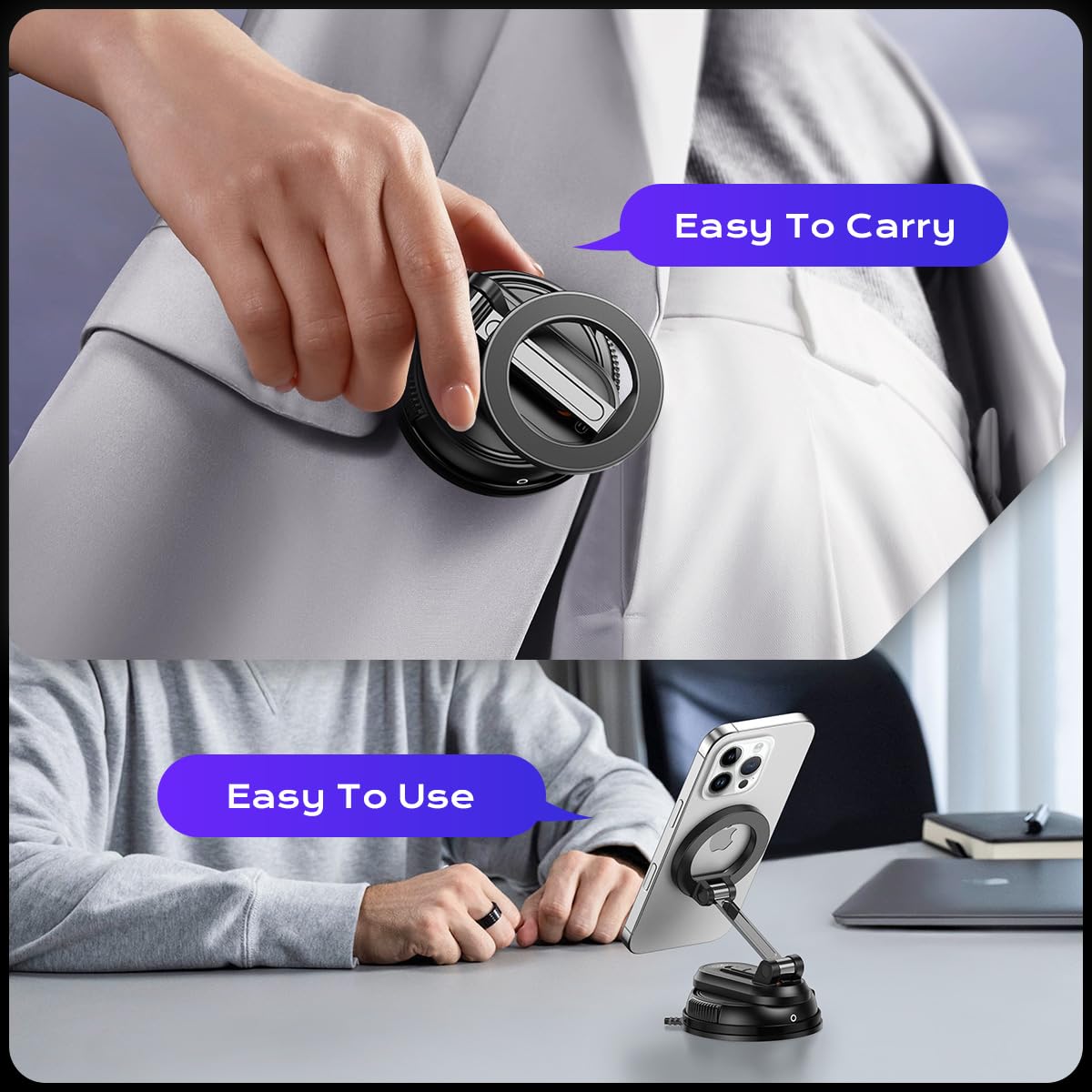 Magnetic Car Phone Holder,360 Rotation Strong Suction Car Phone Mount Detachable Vacuum Suction Phone Holder Foldable Cellphone