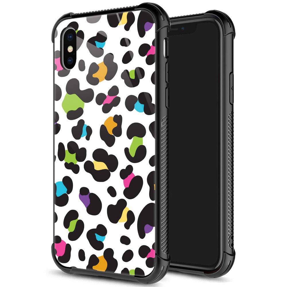 Iphone Xs Max Case,9H Tempered Glass Iphone Xs Max Cases For Girls Women, Colorful Leopard Pattern Shockproof Anti Scratch Case