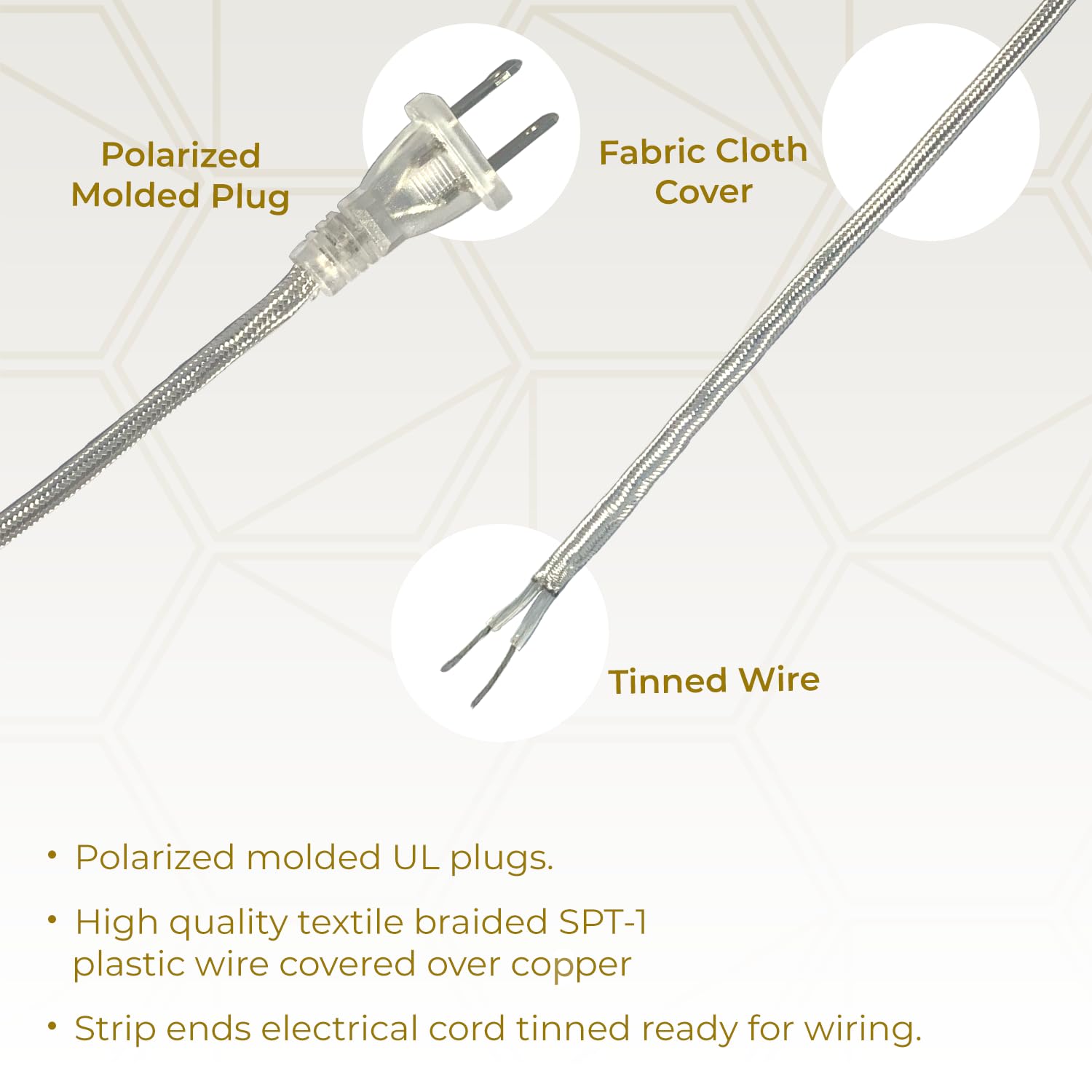 Royal Designs, Inc. Lamp Cord Molded Plug With Dimmer Switch, Stripped Ends Ready For Wiring, 8 Ft Long, Silver, Spt 1 Ul Listed