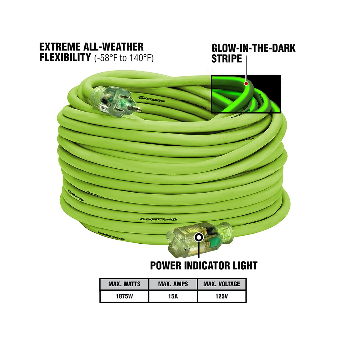 Flexzilla Pro Extension Cord, 12/3 Awg Sjtw, 100 Ft., Lighted Plug, Indoor/Outdoor, Zillagreen   Fz512835