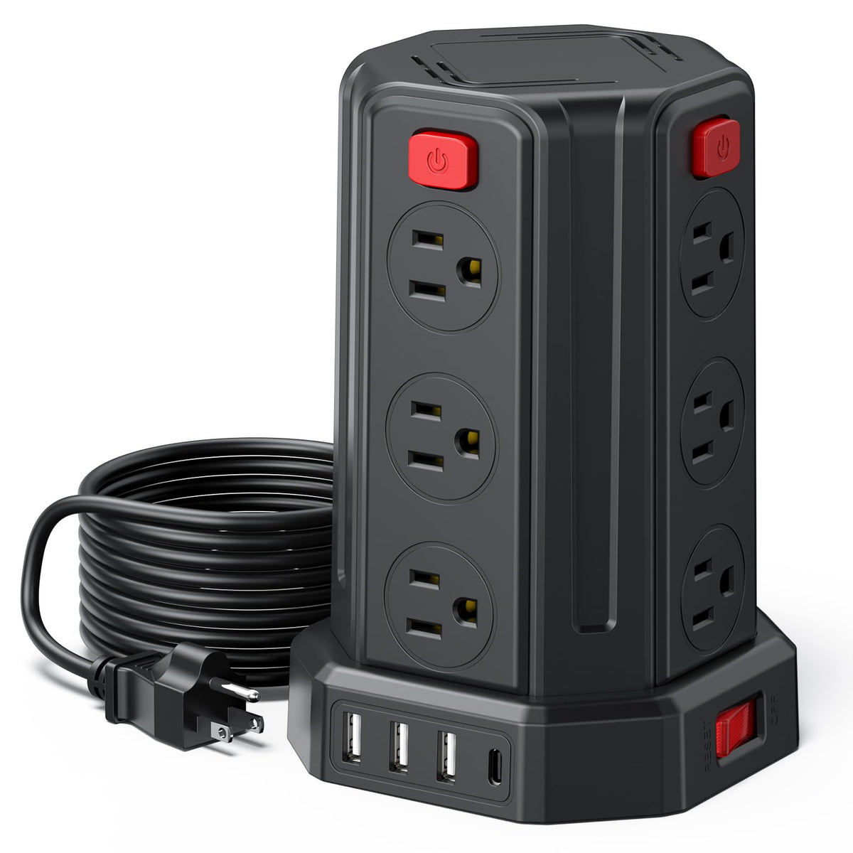 Pd 20W Power Strip Surge Protector, 10 Ft Extension Cord With 12 Ac Multiple Outlets 4 Usb (1 Usb C), Smallrt Power Tower Deskto