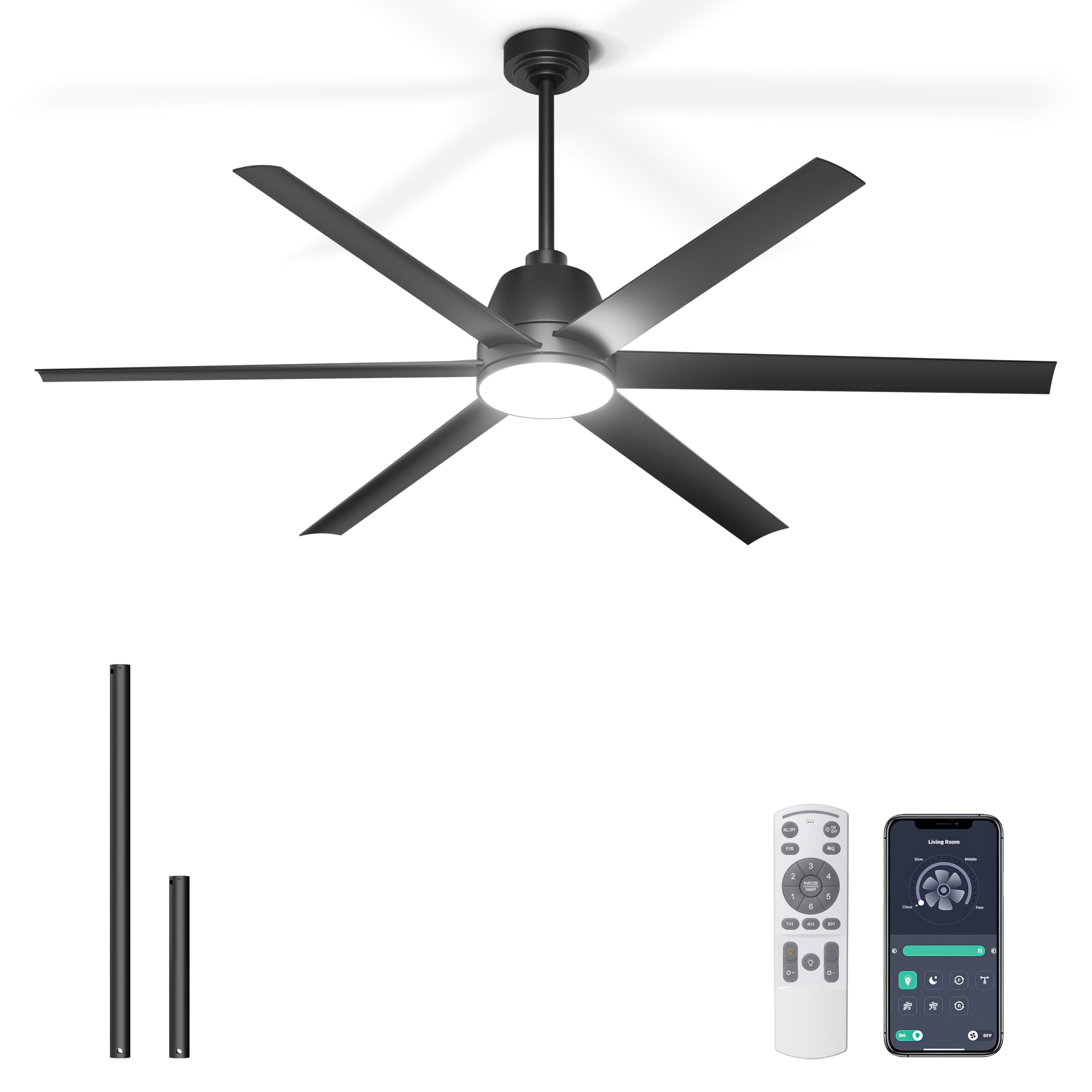 Phylluz 65 Inch Ceiling Fan with Lights - Black Ceiling Fan with Remote & APP Control, 3CCT, Dimmable, Quiet Reversible DC Motor
