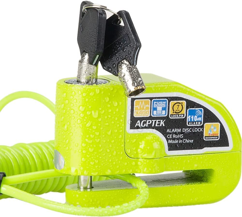 Alarm Disc Lock With 5Ft Reminder Cable, Agptek 110Db Motorcycle Brake Lock Anti Theft Padlock Waterproof With Lock Pin Carrying