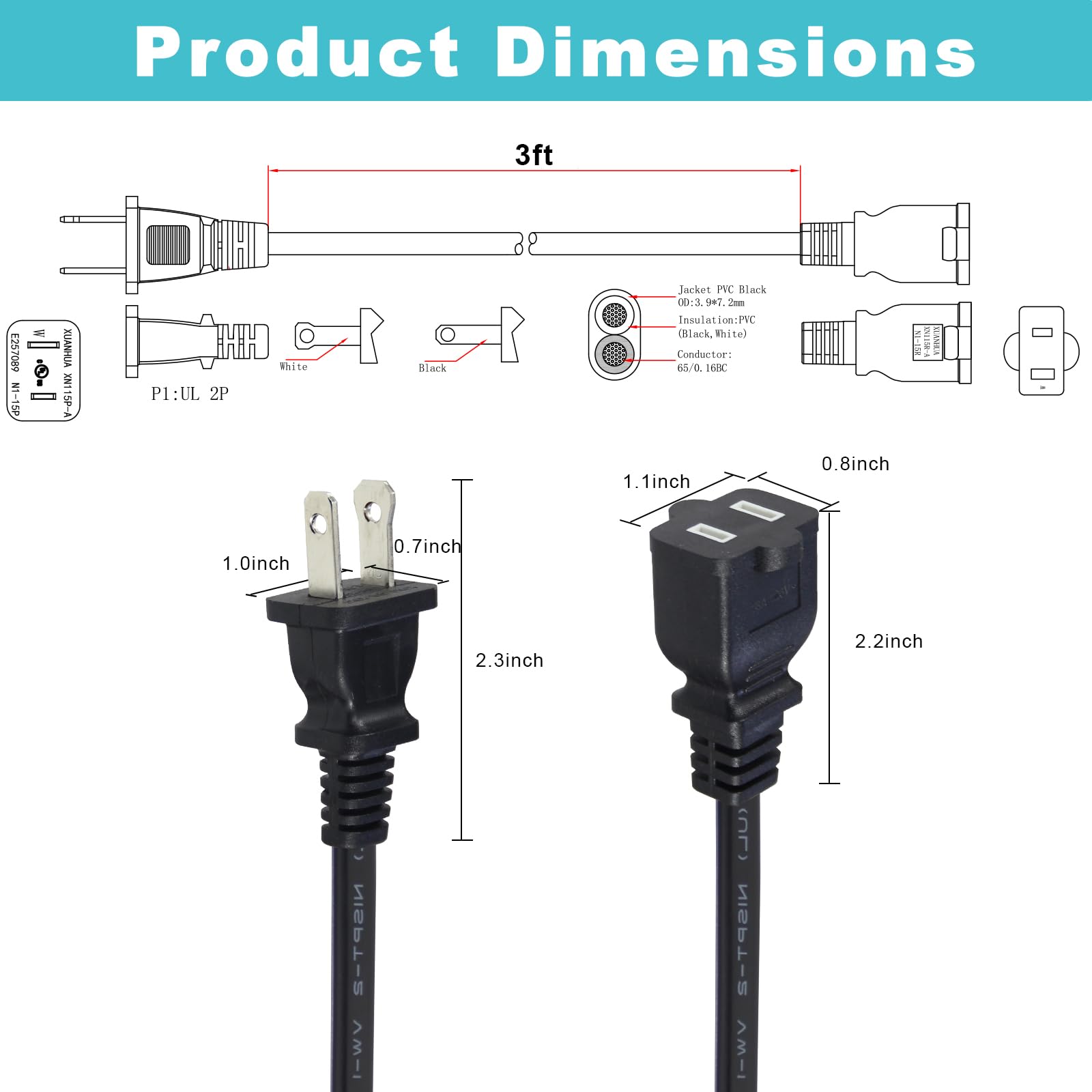 3Ft Polarized 2Prong Extension Cord   Black Replacement Us Ac Two Prong Male To Female Extension Cord,16Awg 13A 125V Short Low P