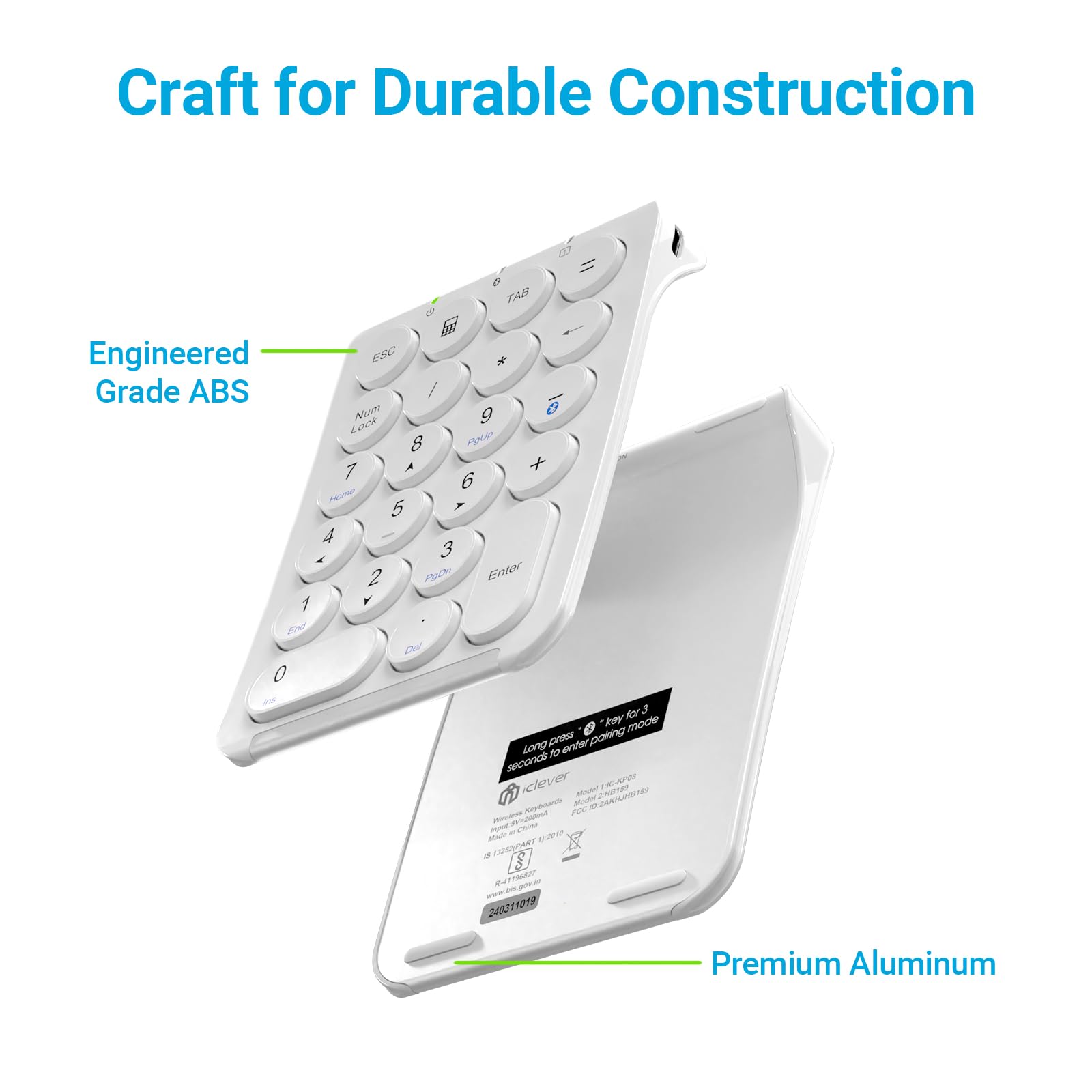 Iclever Bluetooth Number Pad, Kp08 Wireless Number Pad, Ultra Slim And Lightweight, Usb C Charge, 10 Key Numpad For Data Entry,