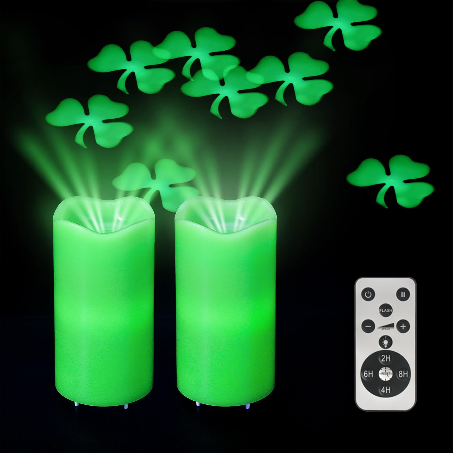Xingslight St. Patrick'S Day Green Led Candle With Lucky Clover Projection, Real Wax & Remote Control, Decorative Candle Project