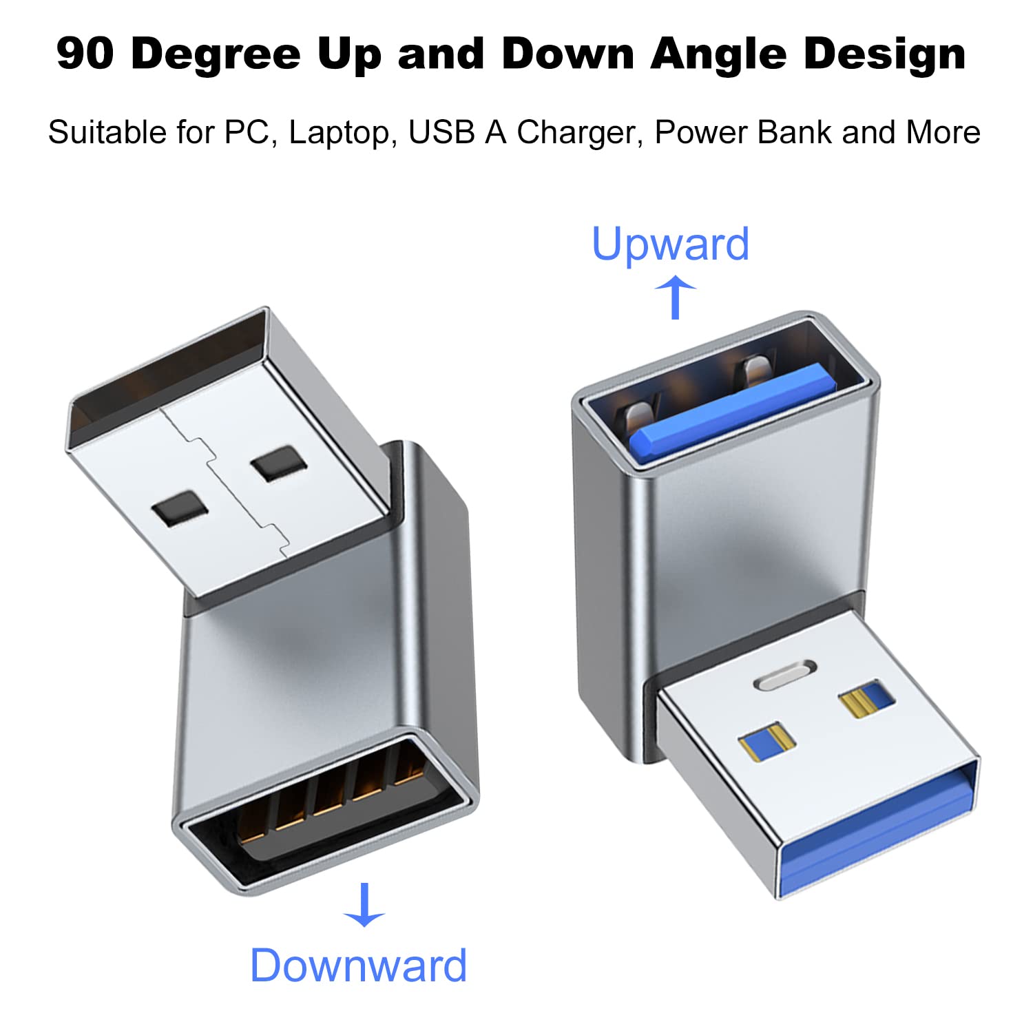 Areme 90 Degree Usb 3.0 Adapter 2 Pack, Up And Down Angle Usb A Male To Female Converter Extender For Pc, Laptop, Usb A Charger, Power Bank And More (Grey)