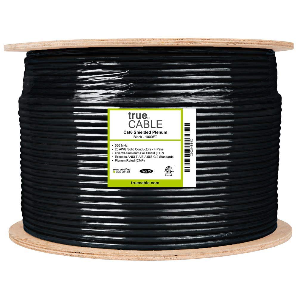 Truecable Cat6 Plenum Shielded (Cmp), 1000Ft, Black, 23Awg Solid Bare Copper, 550Mhz, Poe++ (4Ppoe), Etl Listed, Overall Foil Sh