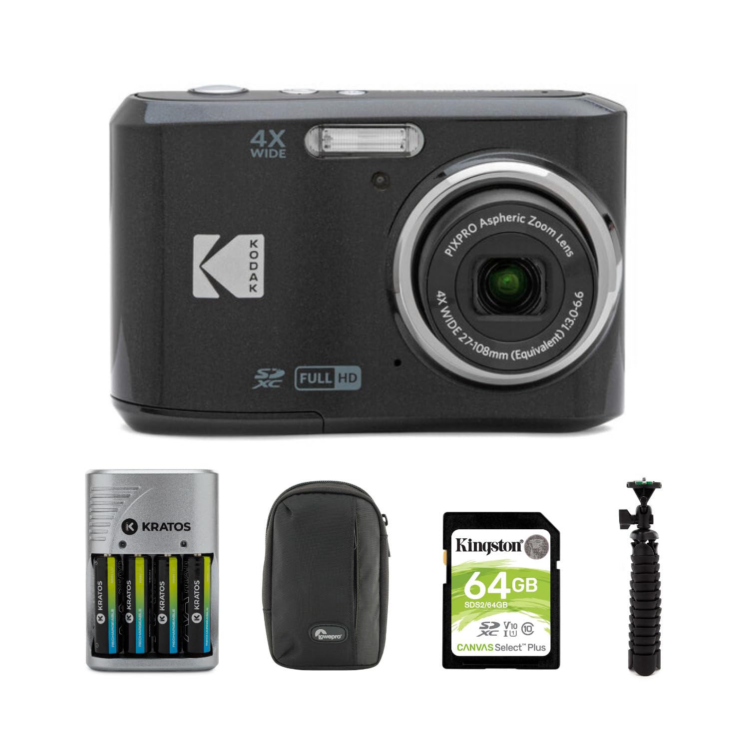 Kodak Pixpro Fz45 Friendly Zoom Digital Camera (Black) Bundle With 64 Gb Uhs I U1 Sdxc Memory Card, Rapid Travel Charger With 4 