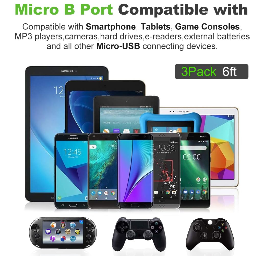 Micro Usb Cable, 3Pack 6Ft Android Charger Cord Long Braided Sync Fast Charging Cables Compatible With Samsung Galaxy S6 S7 Edge