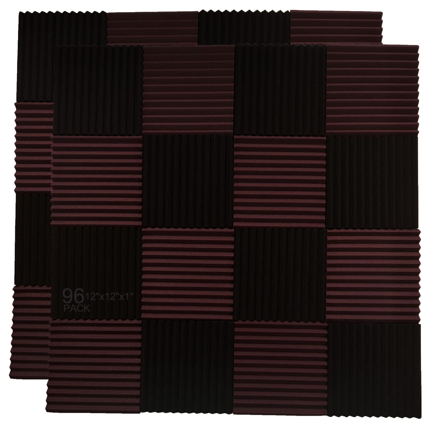 96 Pack Burgundy/Black Absorb The Echo Acoustic Foam Panel Wedge Studio Soundproofing Wall Tiles 12'' X 12'' X 1''