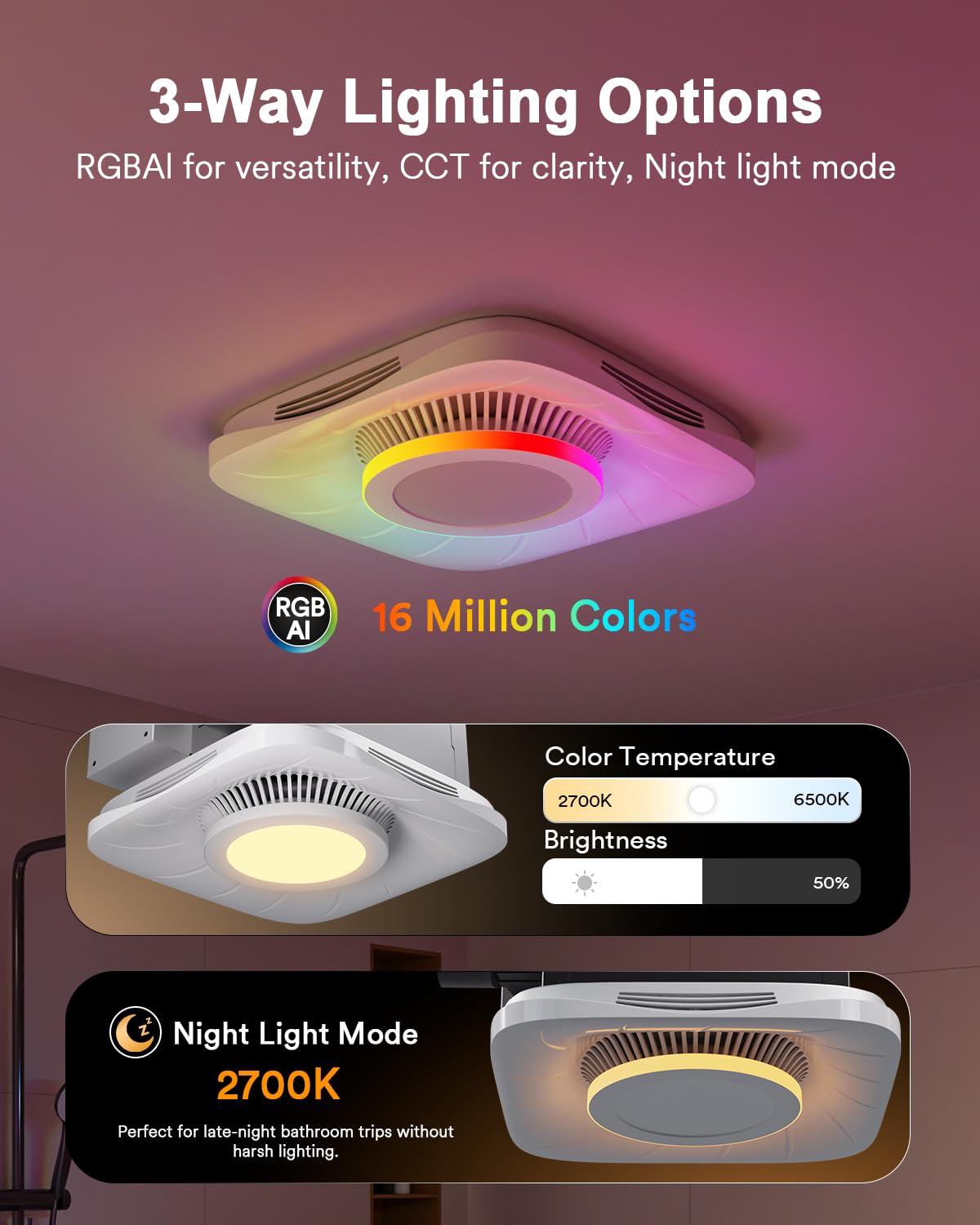 Lumary Smart Wifi Bathroom Exhaust Fan With Light, Rgbai Bathroom Fan With 1000Lm Cct Dimmable Led, Exhaust Fans With App & Voic