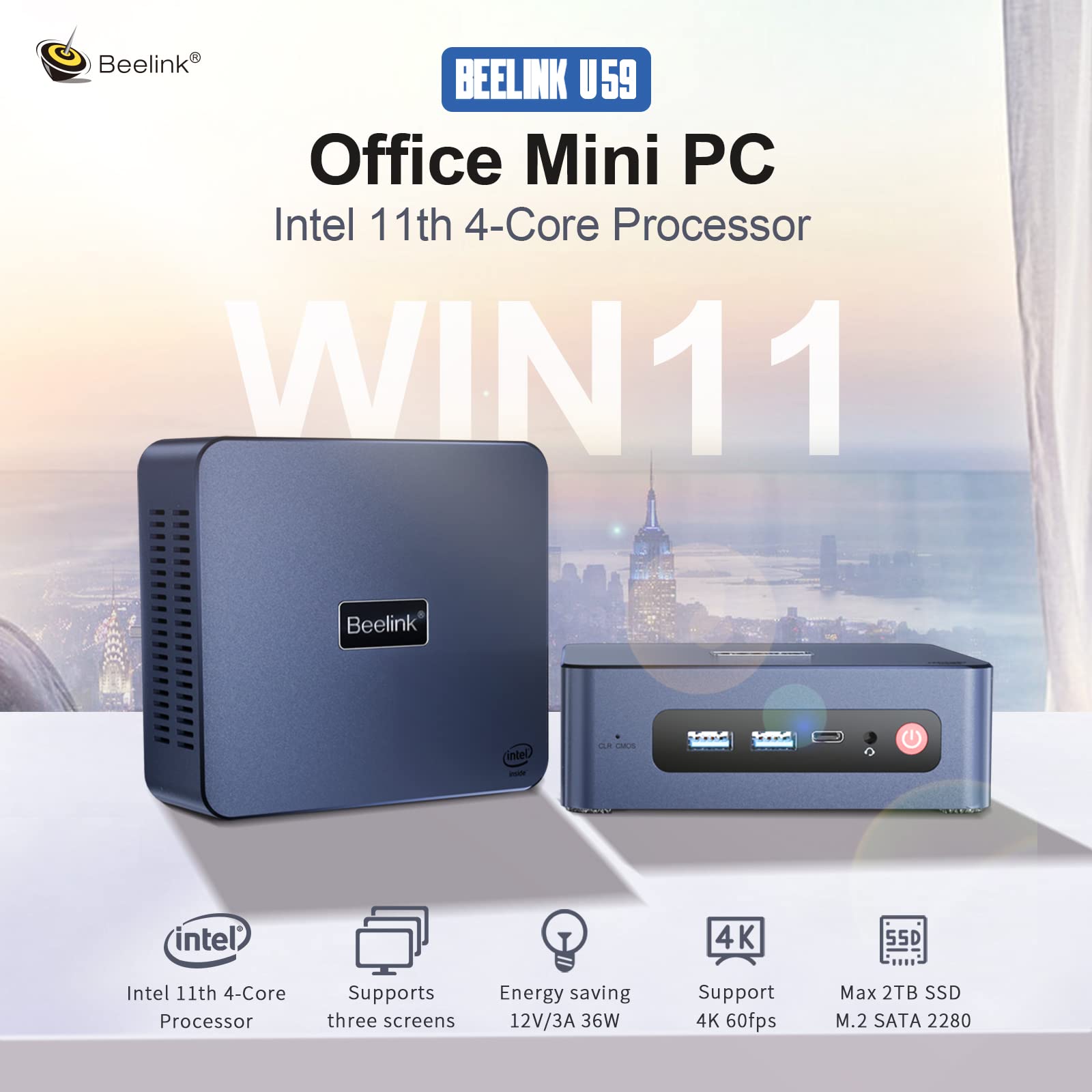 Beelink U59 Mini Pc 11Th Gen 4 Cores N5105, Office Mini Computer 16Gb Ddr4 500G Ssd, Dual Display 4K Uhd 60Hz Dual Lan/Wifi5/Bt4