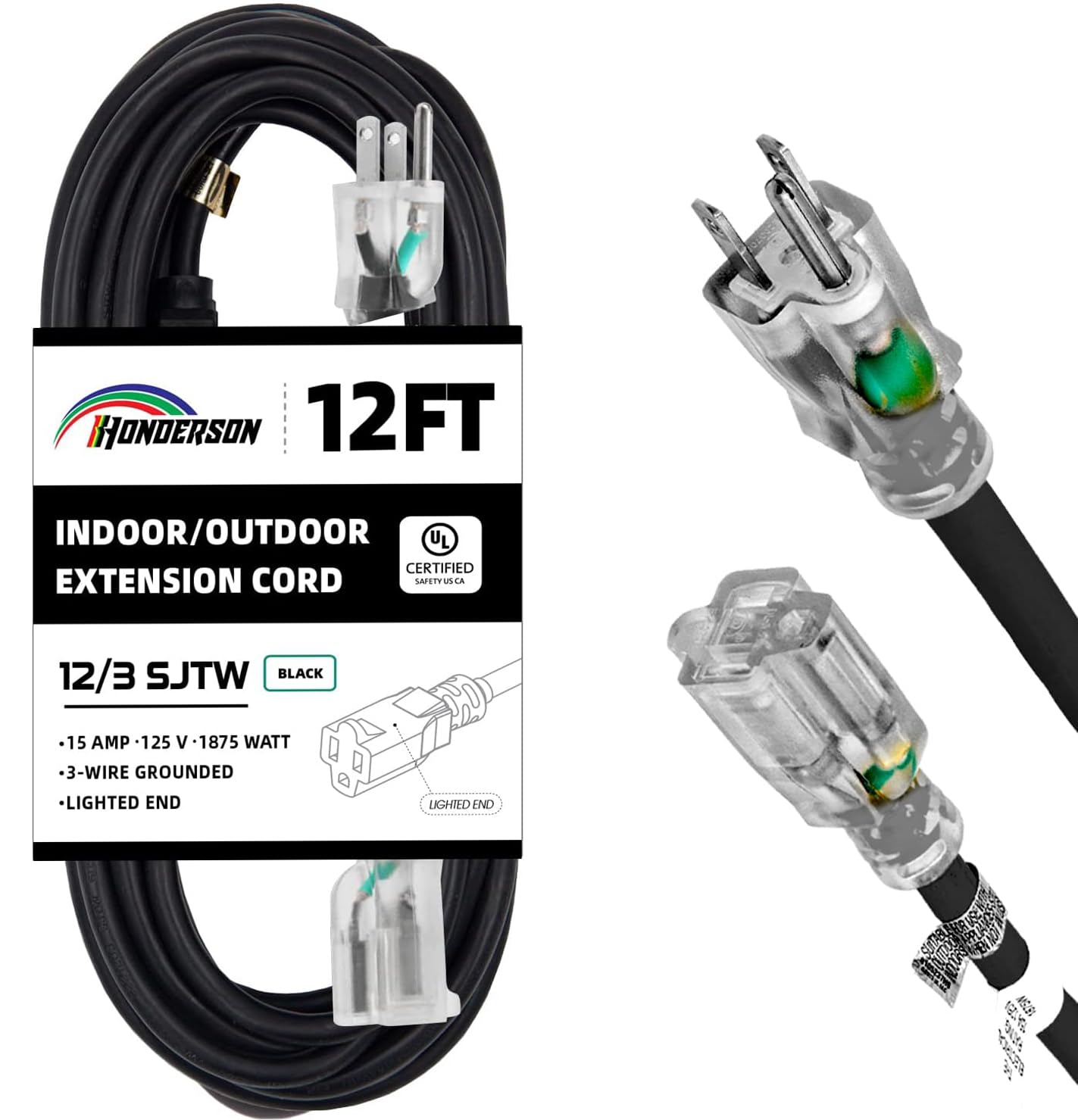 Honderson Indoor Outdoor Extension Cord Weatherproof With Lighted End, Ul Listed, 12 Gauge 12Ft Black 3 Prong Heavy Duty Extensi