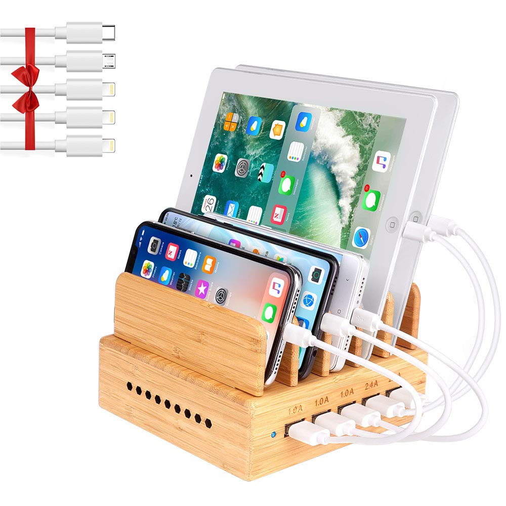 Othoking Bamboo Charging Station, Wood Charging Station For Multiple Devices With 5 Ports Usb Charger Docking Station For Iphone