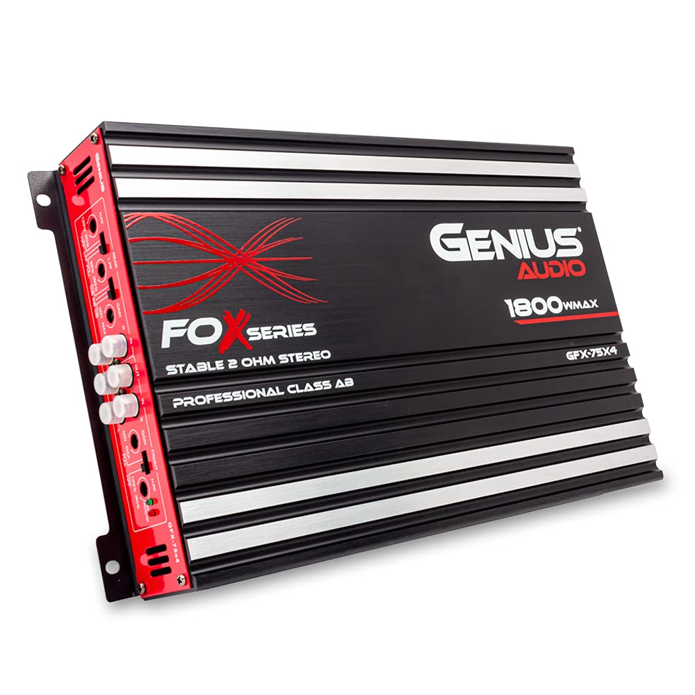 Genius Audio Gfx 75X4 Full Range Powered Car Amplifier Multichannel 1800 Watts Max Class Ab 2 Ohm Stable With Power Protection System To Boost Speaker And Woofer Performance