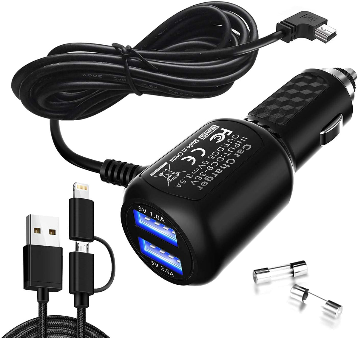 Car Charger For Garmin Nuvi, Garmin Gps Charger Cable,Mini Usb Power Cord Cable Dual Port Usb Vehicle Power Charging Cable Cord 