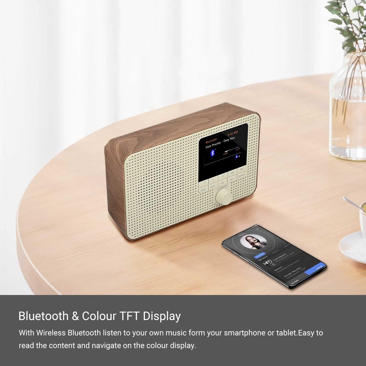 Lemega Ir1 Portable Wifi Internet Radio,Fm Digital Radio,Bluetooth Speaker,Dual Alarms Clock,Sleep Snooze Timer,40 Presets, Headphone Output,Colour Display,Batteries Or Mains Powered � Walnut Finish