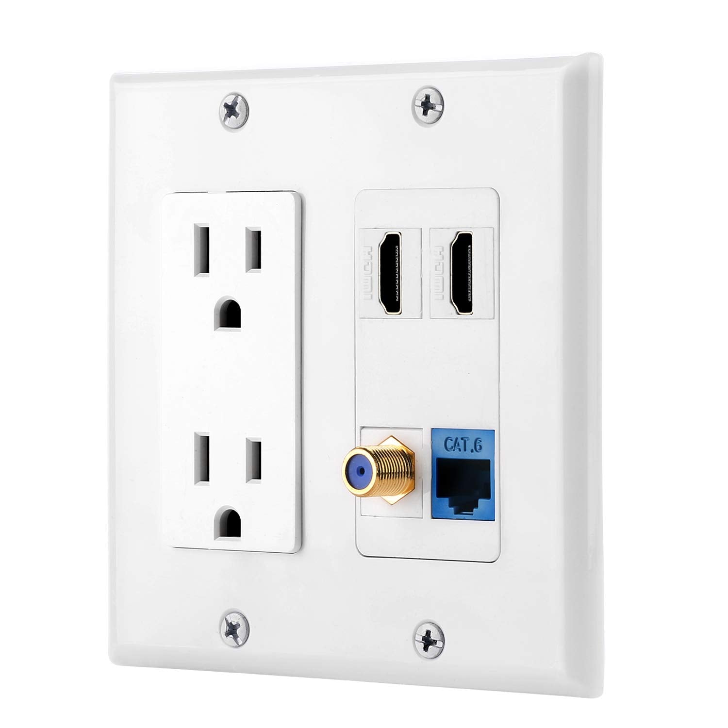 Ibl 15A Power Outlet, 2 Port Hdmi, 1 Cat6 Ethernet, 1 Coax Cable Tv Wall Plate In White