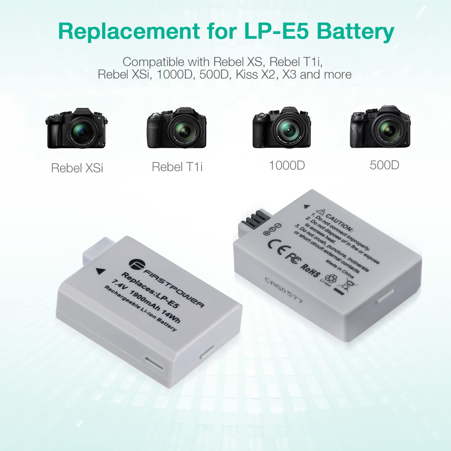 Firstpower Lp E5 Batteries (2 Pack, 1900Mah) And Dual Usb Charger Compatible With Canon Eos Rebel Xs, Rebel T1I, Rebel Xsi, 1000D, 500D, 450D, Kiss X3, Kiss X2, Kiss F
