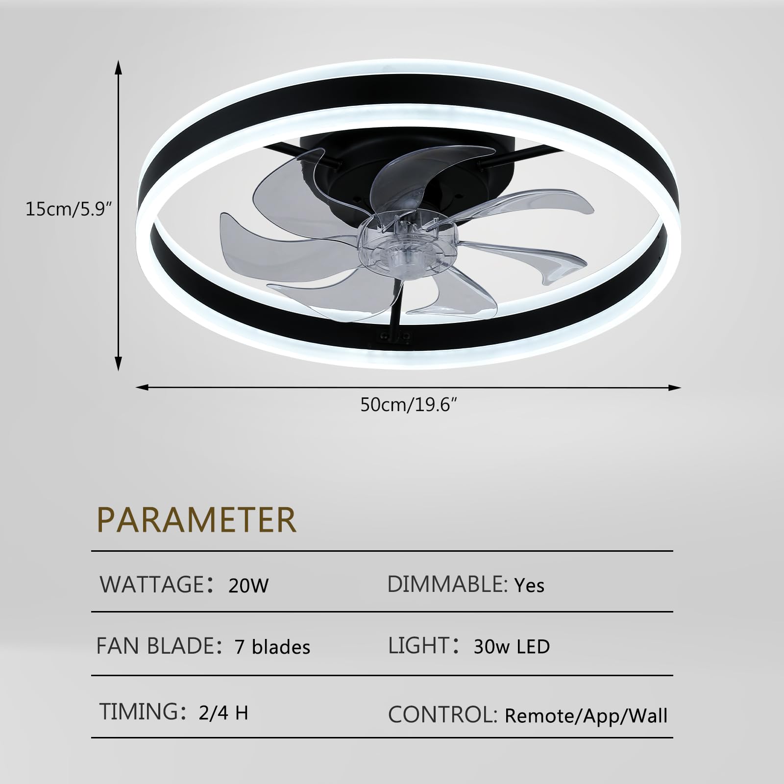 Diisunbihuo Low Profile Ceiling Fans With Lights And Remote,20'' Flush Mount Fandelier Dimmable Led Fan Light Black Bladeless Ce