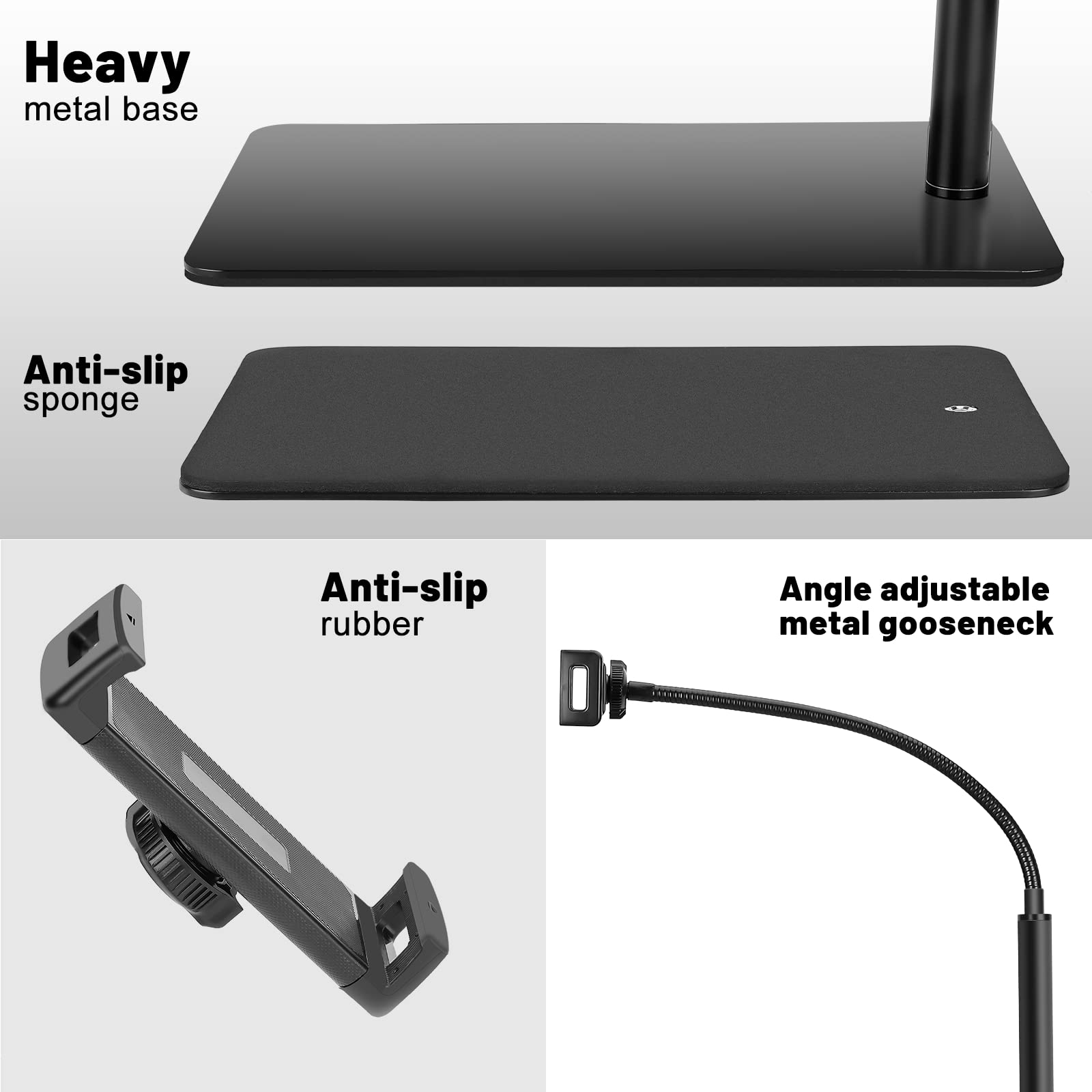 LanPavilion Adjustable iPad Stand, Flexible Gooseneck Tablet Holder for 4.7''-13'' Devices, Black Carbon Steel, Ideal for Hands-Free Use