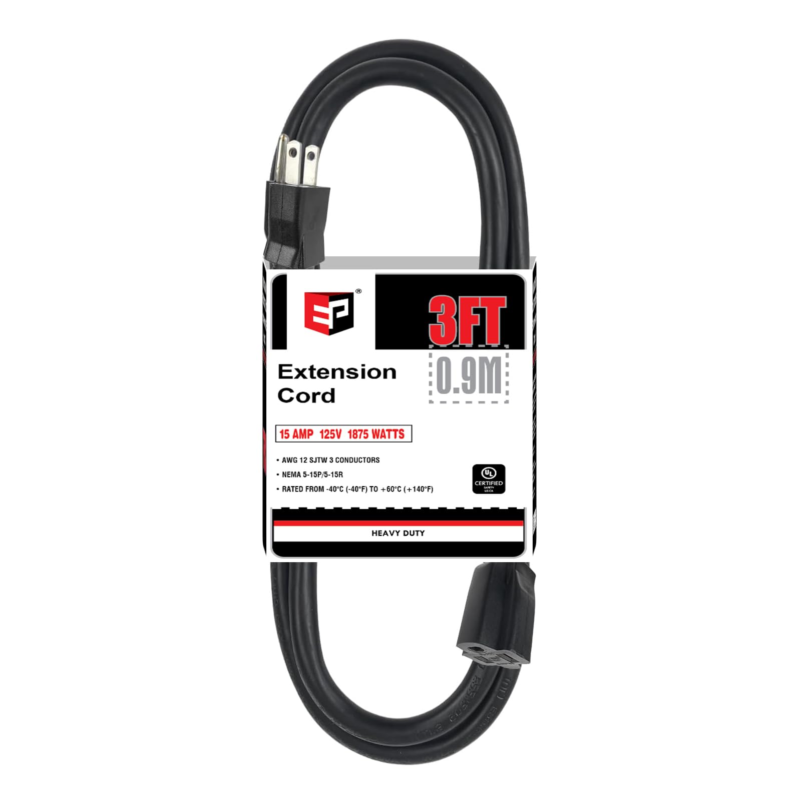 Ep 3 Ft Extension Cord   12/3 Sjtw Heavy Duty Black Extension Cable With 3 Prong Grounded Plug   Power Cord For Lawn, Garden, Ap