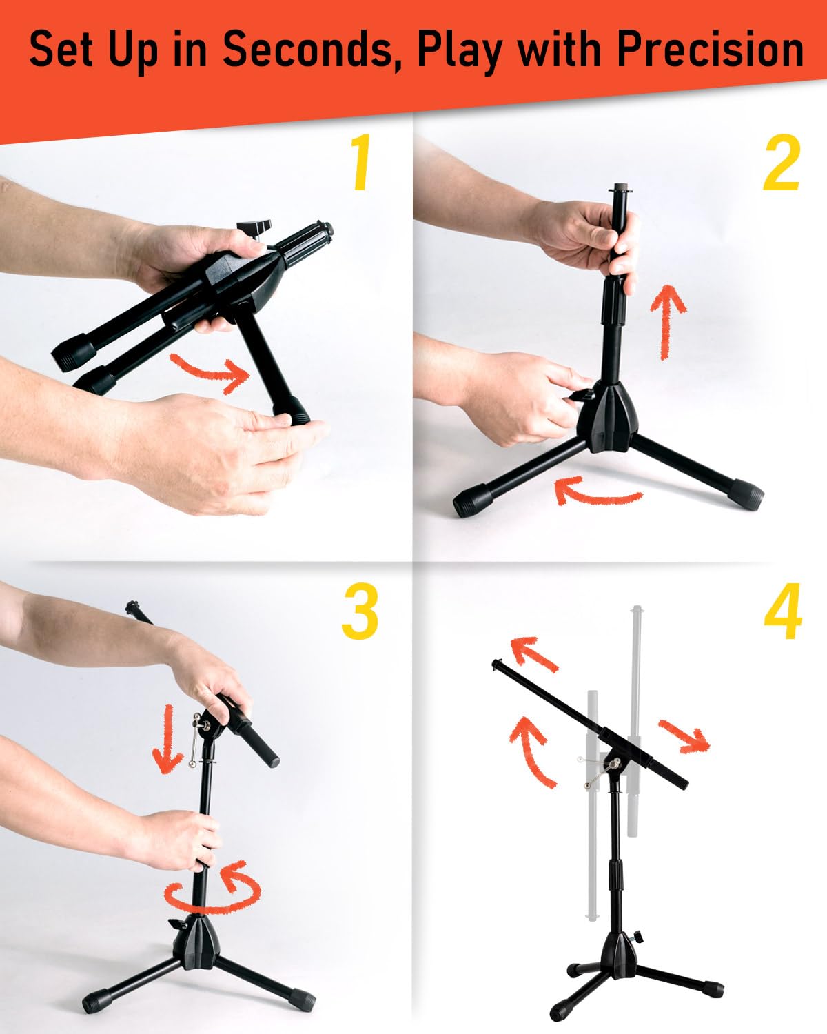 Stage Rocker Foldable Tripod Low-Profile Mic Boom Stand - Height Extending From 9.6 To 16.9, W/Adjustable Telescoping Arm Up