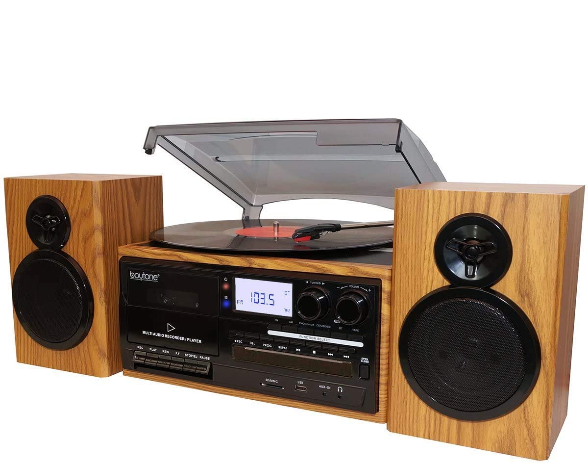 Boytone Bluetooth Classic Style Cd Player Turntable With Am/Fm Radio, 2 Separate Stereo Speakers, Record From Vinyl, Cassette To