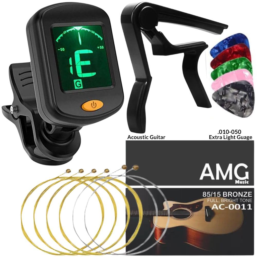 Mocking Bird Acoustic Guitar String, Capo For Guitar With Tuner And 5 Picks 360 Rotational Tuner For Electric Acoustic One Hande