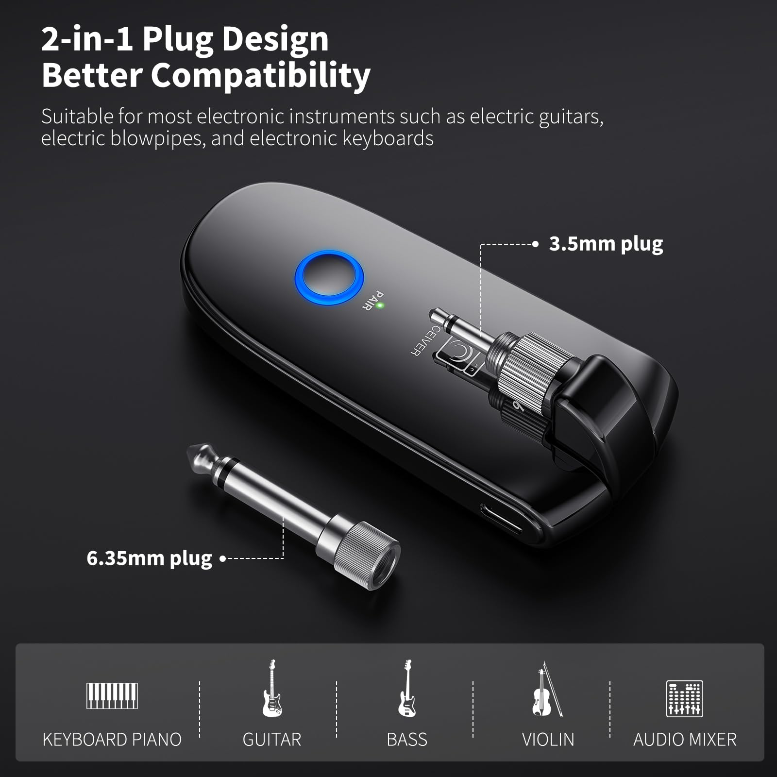 Pogolab Uhf Wireless Guitar System With Bt Function, Rechargeable Guitar Wireless Transmitter Receiver, 6.35Mm & 3.5Mm 2 In 1 Pl