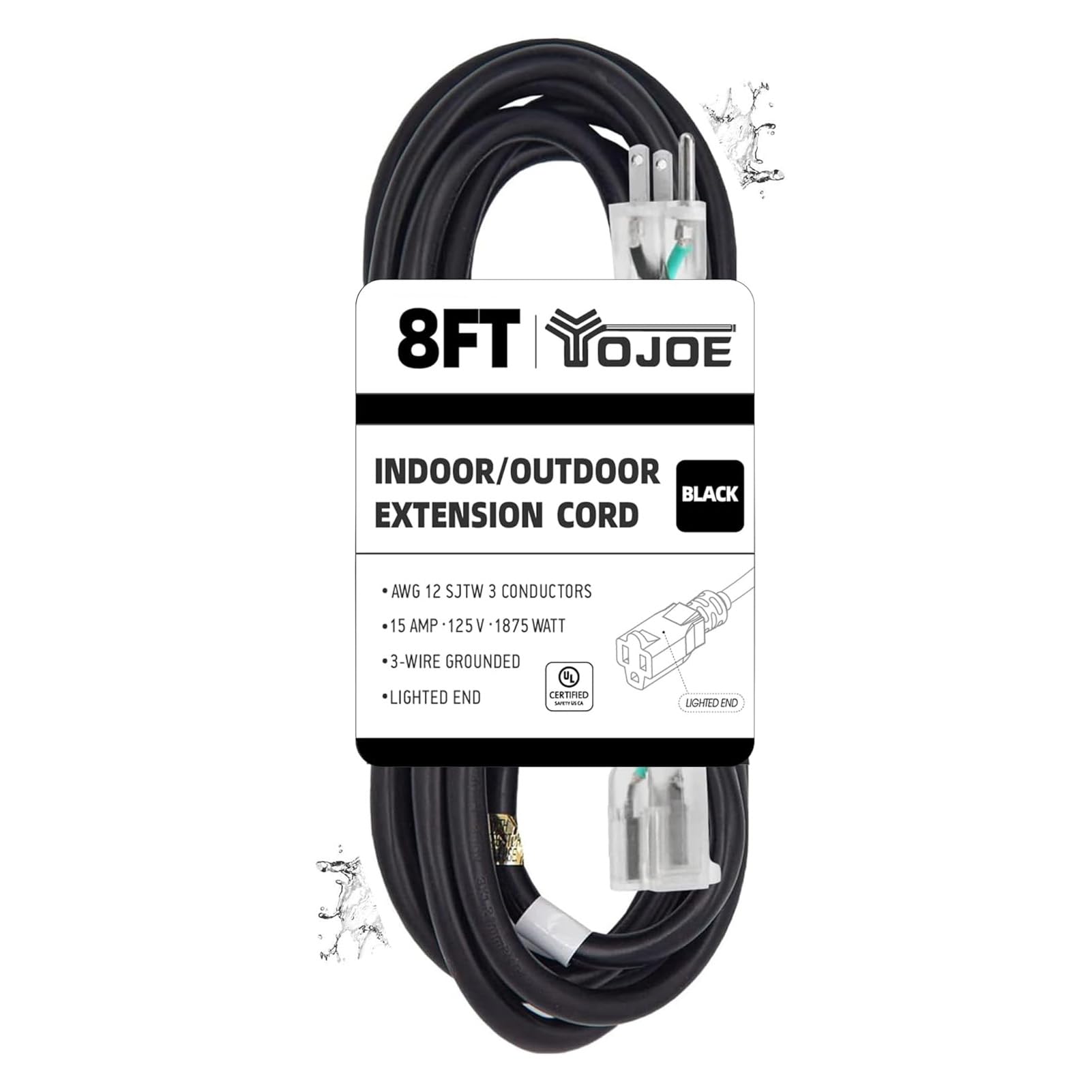Yojoe Indoor Outdoor Extension Cord With Lighted End, 3 Prong 15A Weatherproof Power Extension Cord, 12 Gauge Heavy Duty 8 Ft Bl