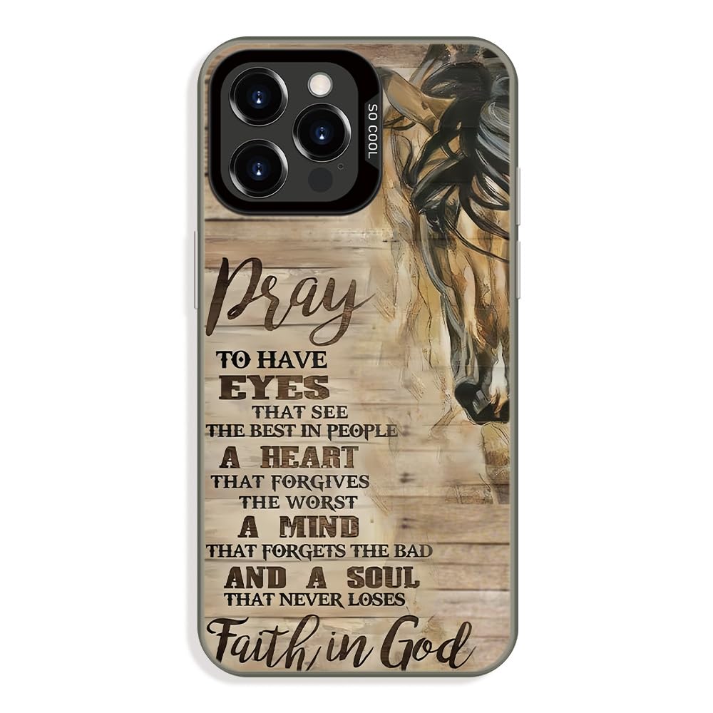 Wesbdn Horse Wood Grain Phone Case Compatible With Iphone 14 Pro - Faith In God - Non-Drop Cover - Shockproof Protective Case