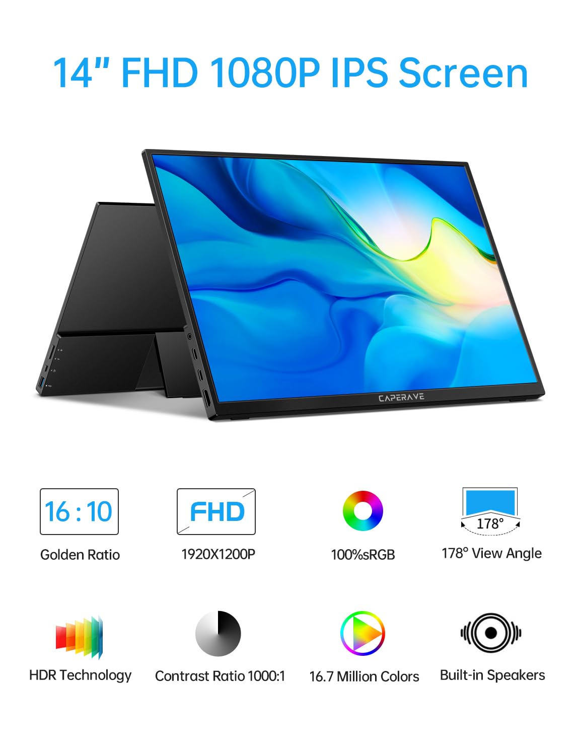 Caperave Portable Monitor   14.0'' Usb C Hdmi Travel Monitor For Laptop, Fhd 100% Srgb, Built In Kickstand & Speakers, External