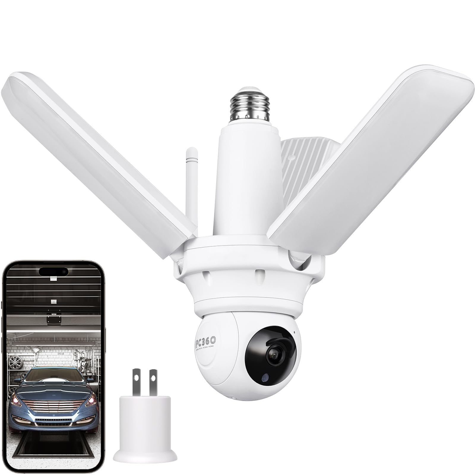 Ohbet Led Garage Light Bulb Camera, Floodlight Security Camera With 3 Adjustable Panels Smart Ai Human Detection Screw In E26 Ba