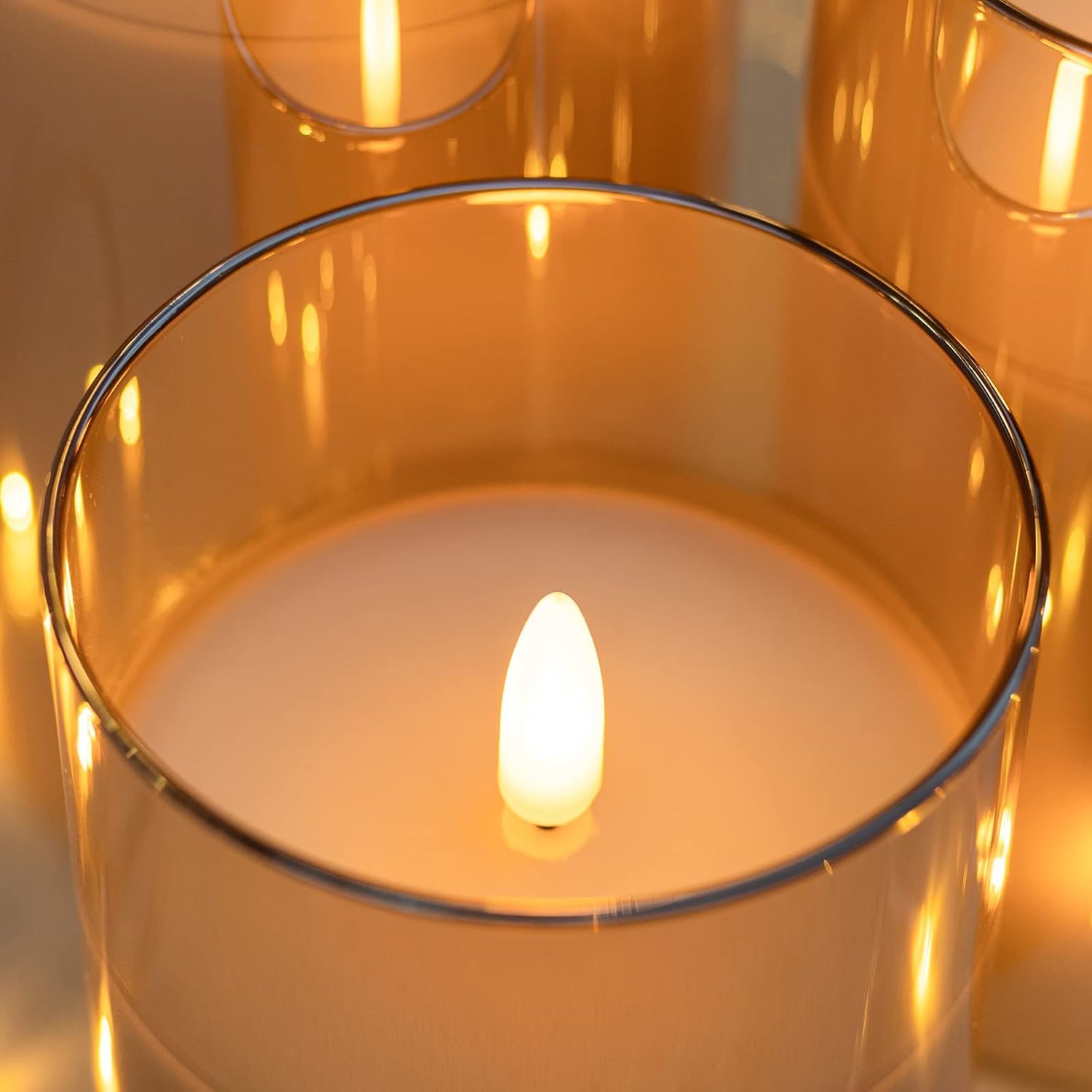 Covege Gold Glass Flickering Flameless Candles With Remote   Battery Operated Candles With 2/4/6/8 H Timer Led Pillar Candles Fo